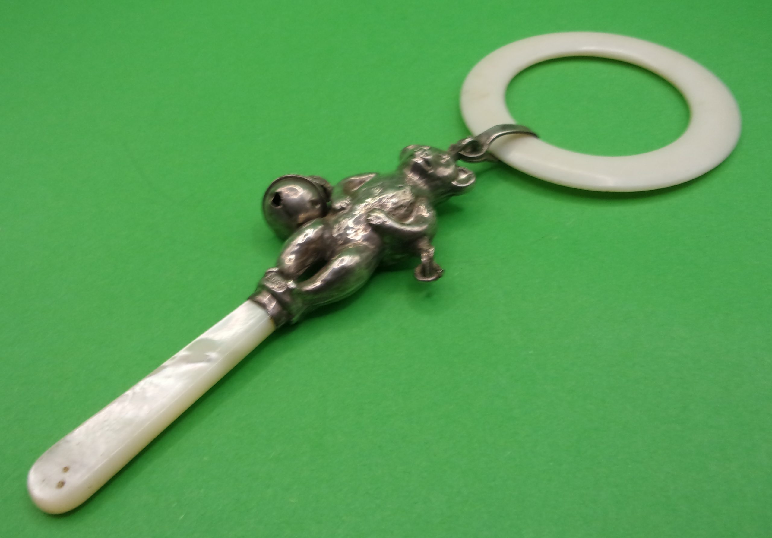 George VI Novelty Silver Rattle Modelled As A Teddy Bear Birmingham 1947
