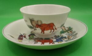 18th Century First Period Worcester Red Bull Pattern Tea Bowl And Saucer