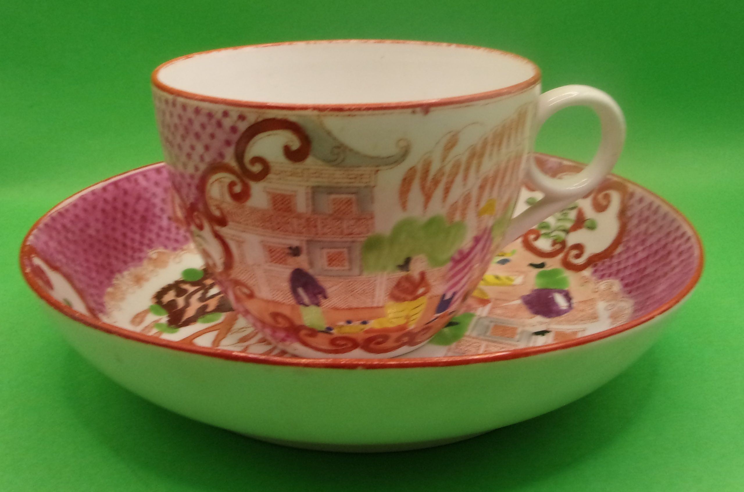 18th Century English Porcelain Teacup And Saucer In Polychrome Enamels