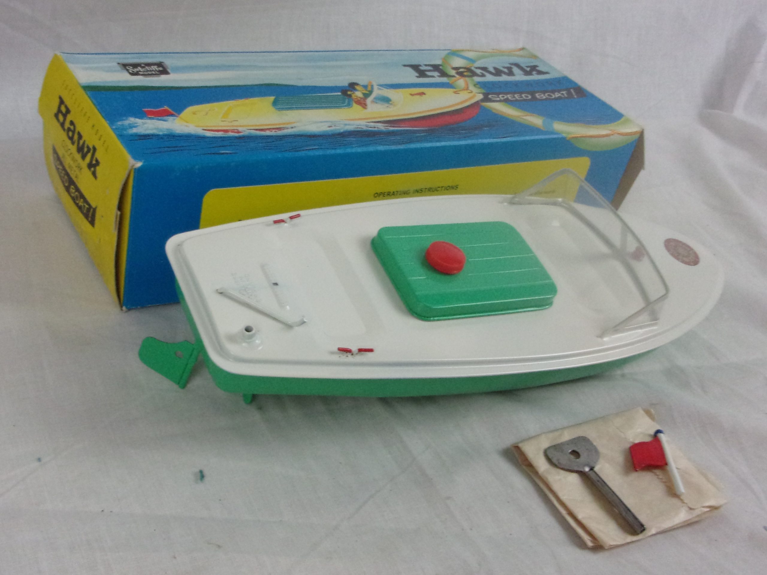 Boxed Sutcliffe Model Tinplate Hawk Clockwork Speed Boat