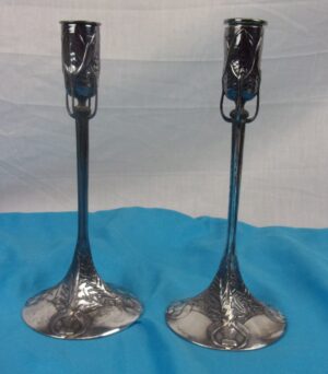 Pair Of Circa 1900 Art Nouveau Silver Plated Mistletoe Candlesticks