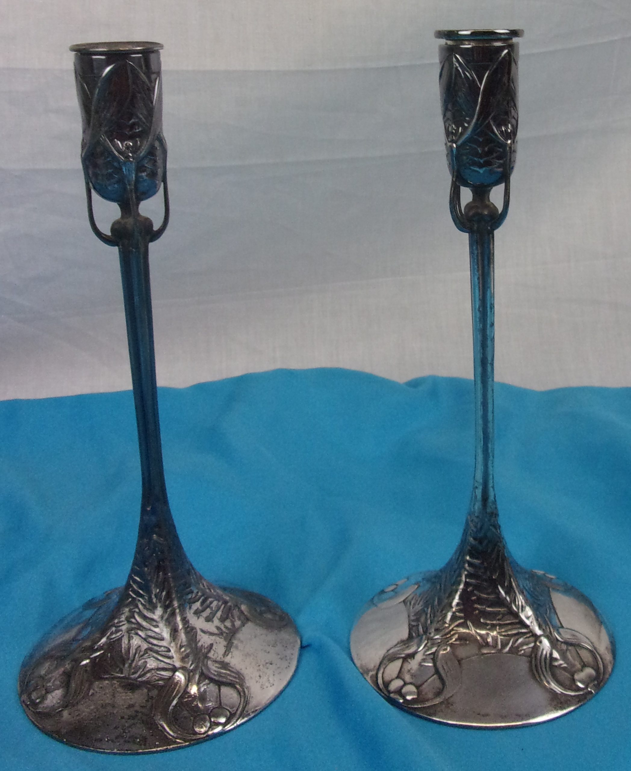 Pair Of Circa 1900 Art Nouveau Silver Plated Mistletoe Candlesticks - Image 2