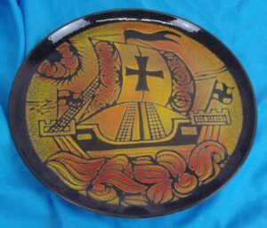 Circa 1972 Poole Pottery Aegean Charger Plate Of A Medieval Ship