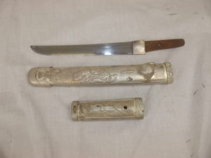 Japanese 17th Century Tanto Sword With Later White Metal Mounts And Scabbard