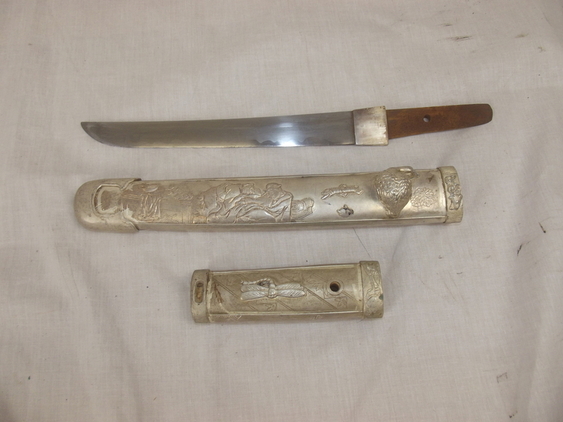 Japanese 17th Century Tanto Sword With Later White Metal Mounts And Scabbard