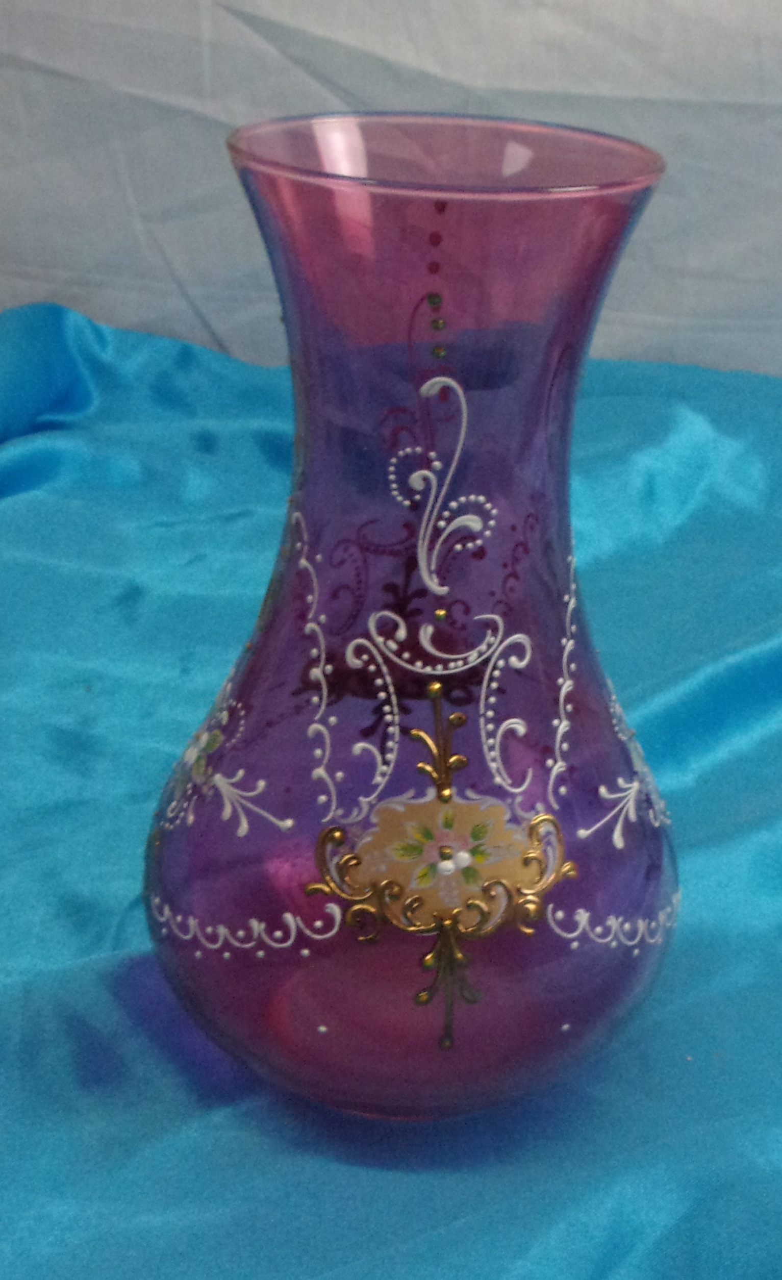 Czech 1960's Cranberry Glass Vase With Applied Enamel Detail And Gilt Work - Image 2