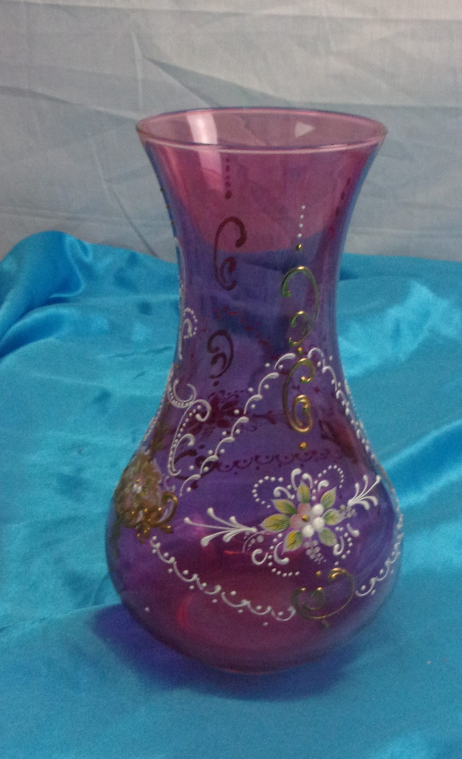 Czech 1960's Cranberry Glass Vase With Applied Enamel Detail And Gilt Work