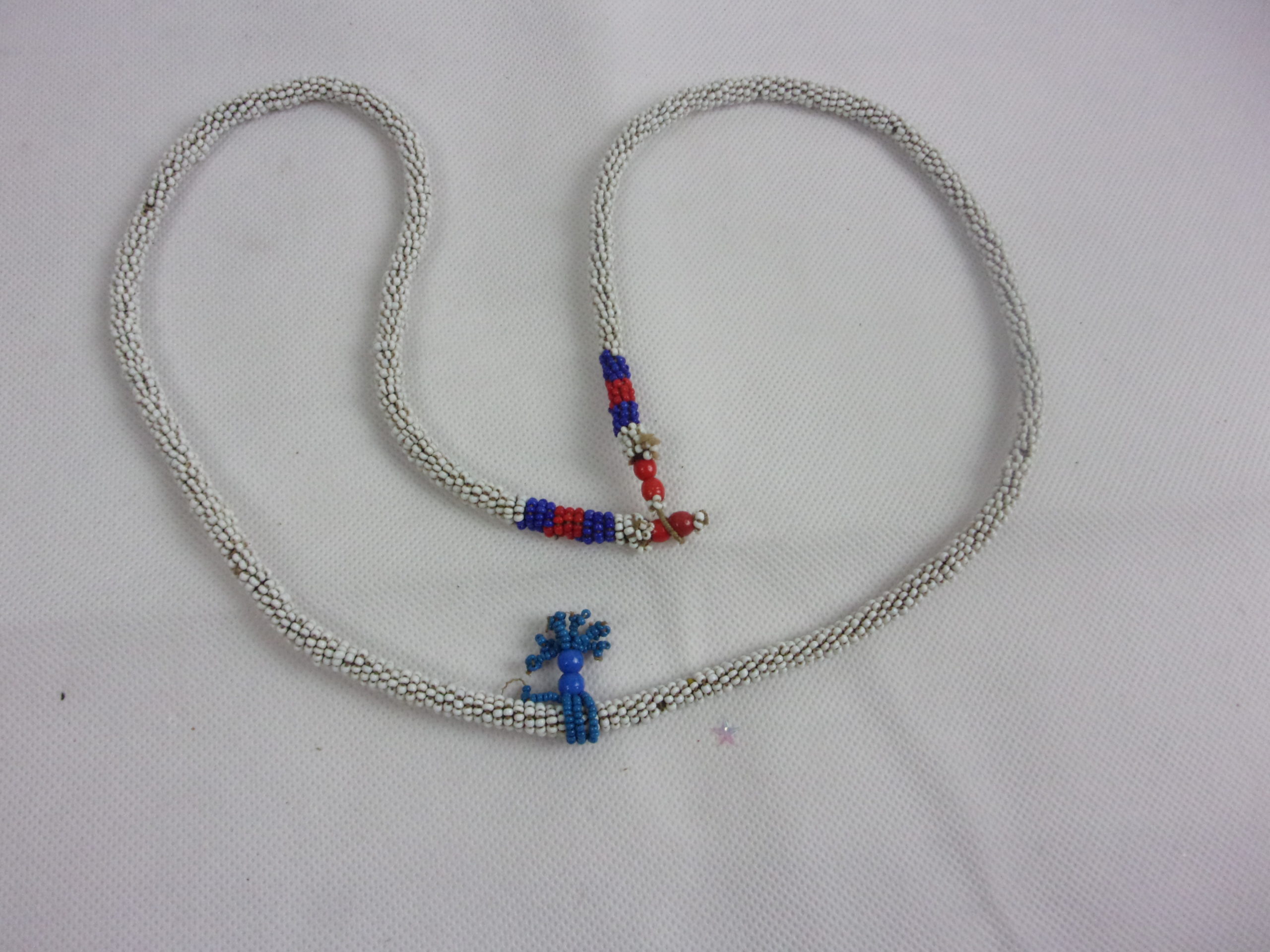 Zulu Tribal Rope Bead Work Necklace In White With A Blue Tassel - Image 4