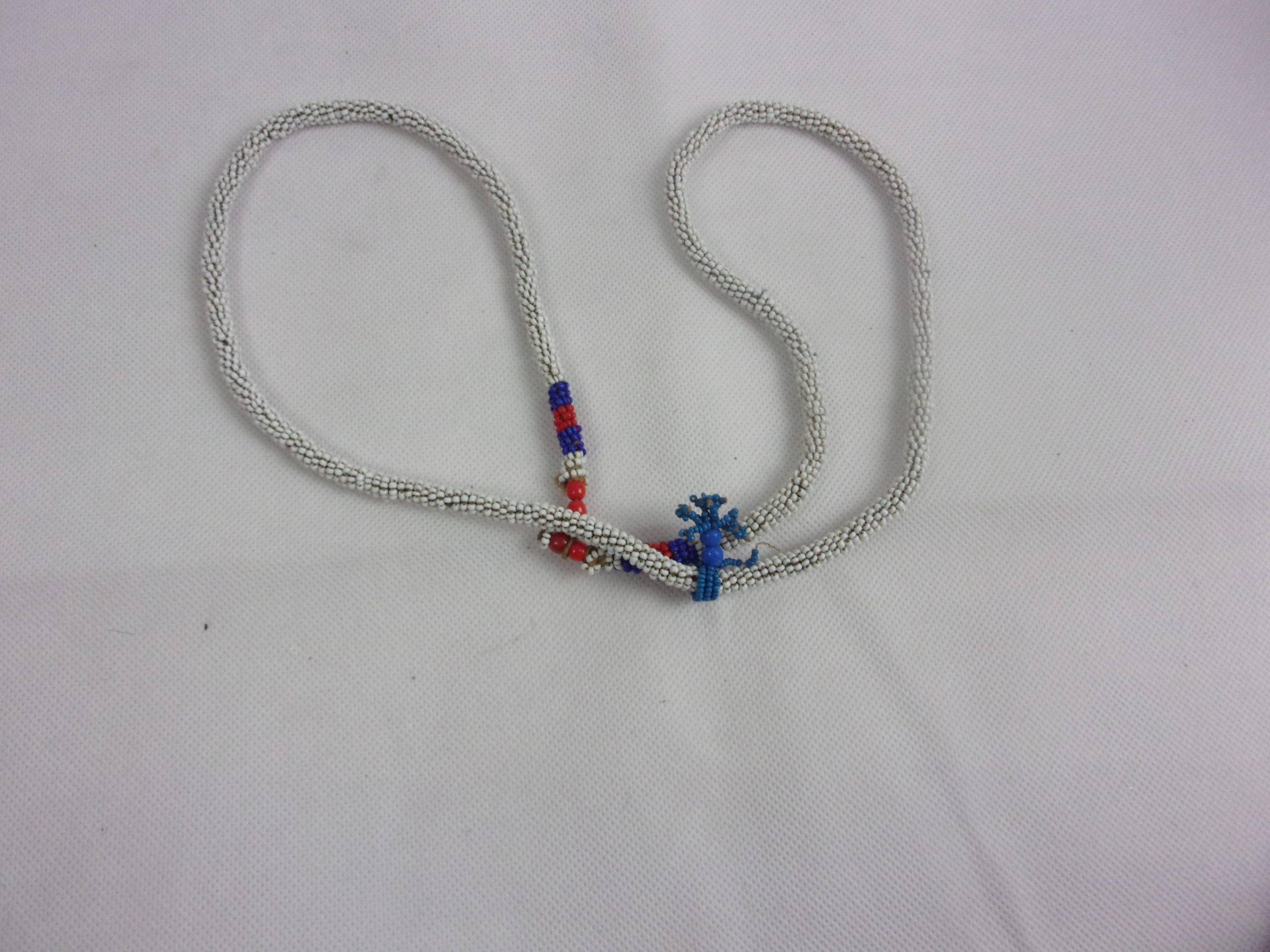 Zulu Tribal Rope Bead Work Necklace In White With A Blue Tassel - Image 3