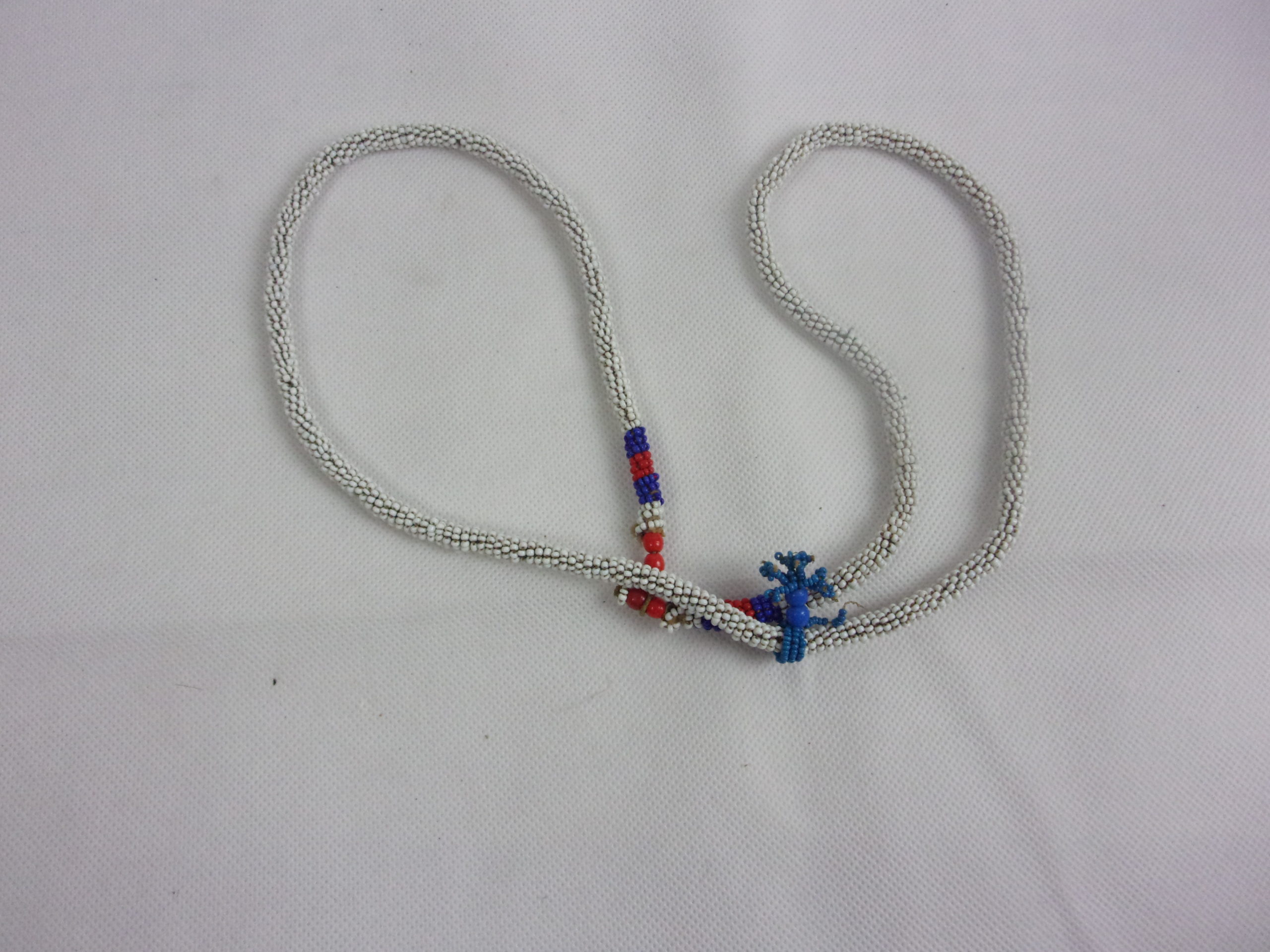 Zulu Tribal Rope Bead Work Necklace In White With A Blue Tassel - Image 2
