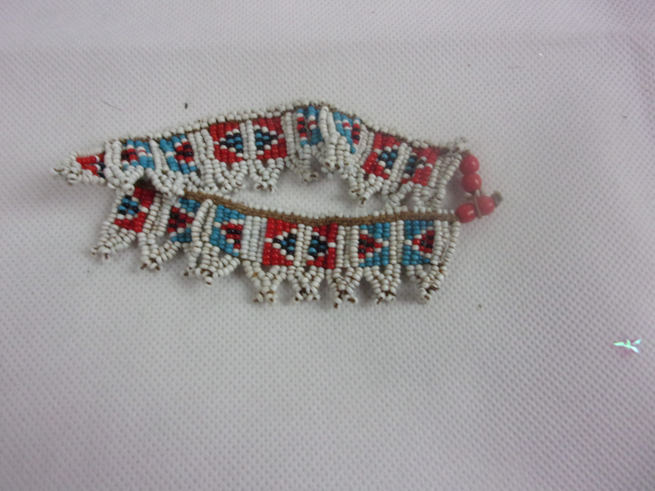 Zulu Tribal Bead Work Arm Band In White With Inset Red And Panels