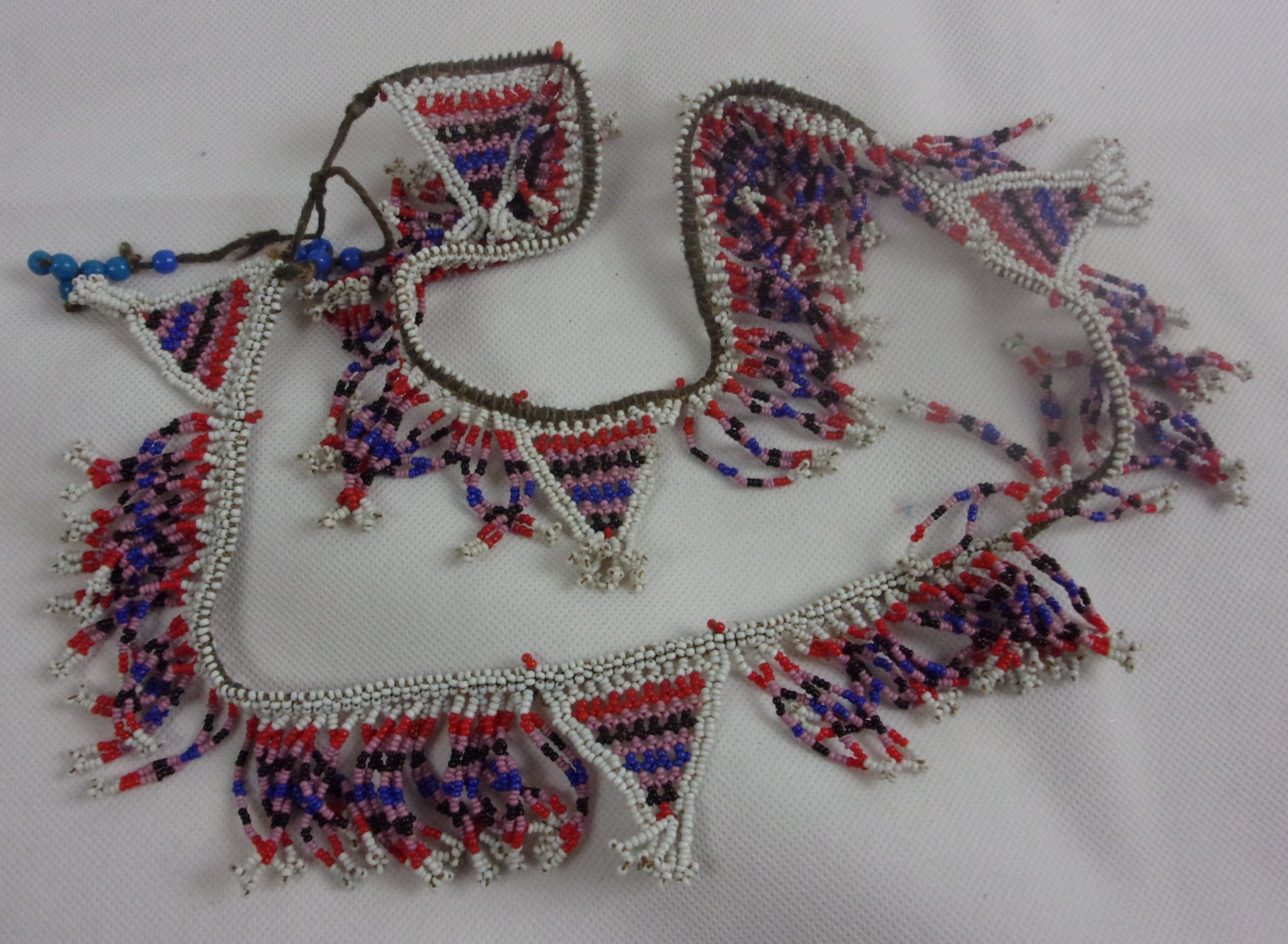 Zulu Tribal Bead Work Necklace With Triangles And Drops In White, Pink, Black, Blue, Red And Pink