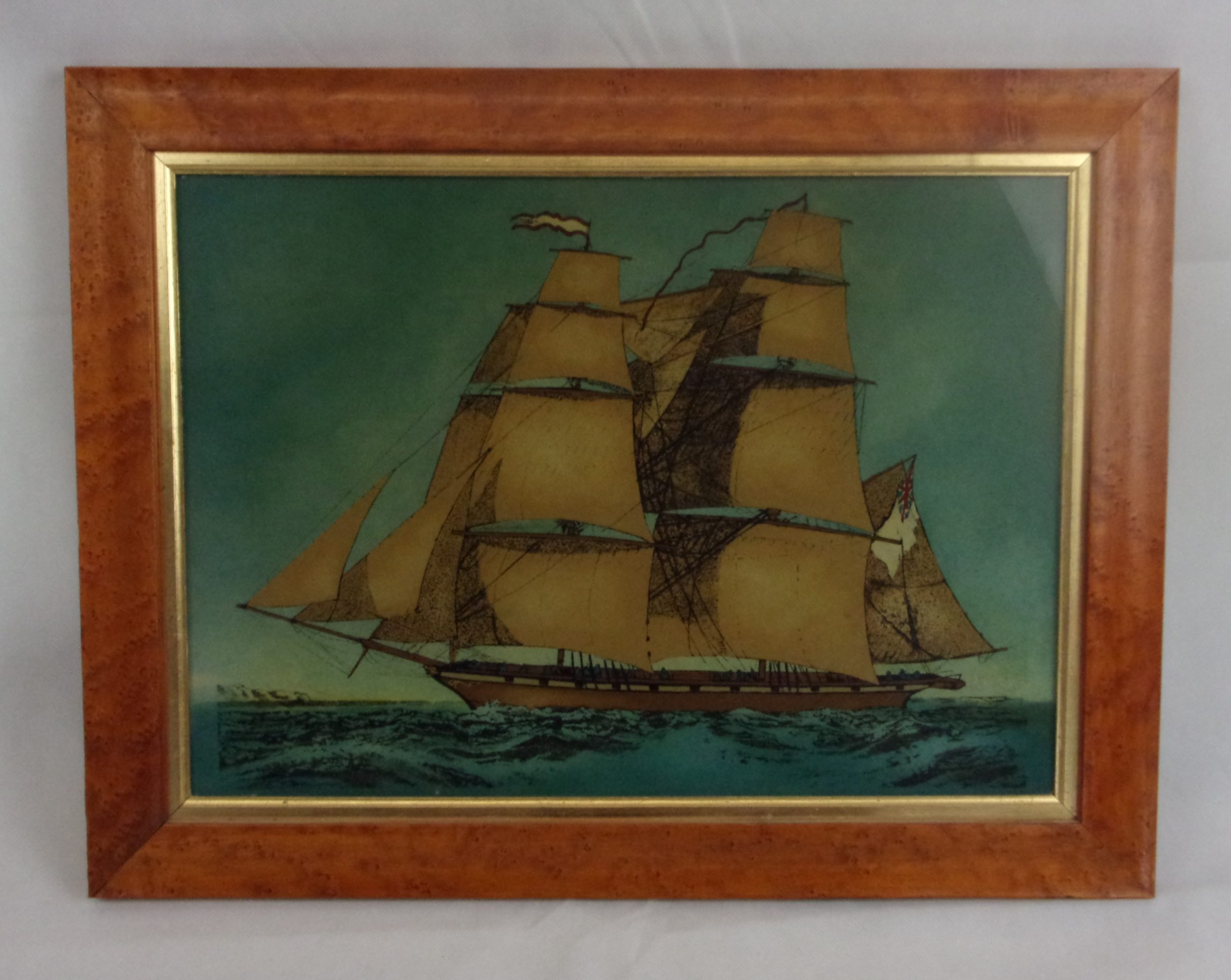 Early 19th Century Reverse Print On Glass Of A Royal Navy Brig Of War