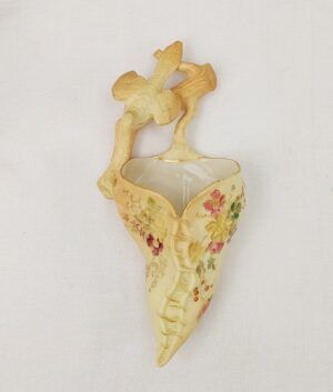 1900 Royal Worcester Hand Painted Blush Ivory Ornate Wall Pocket With Bird Decor