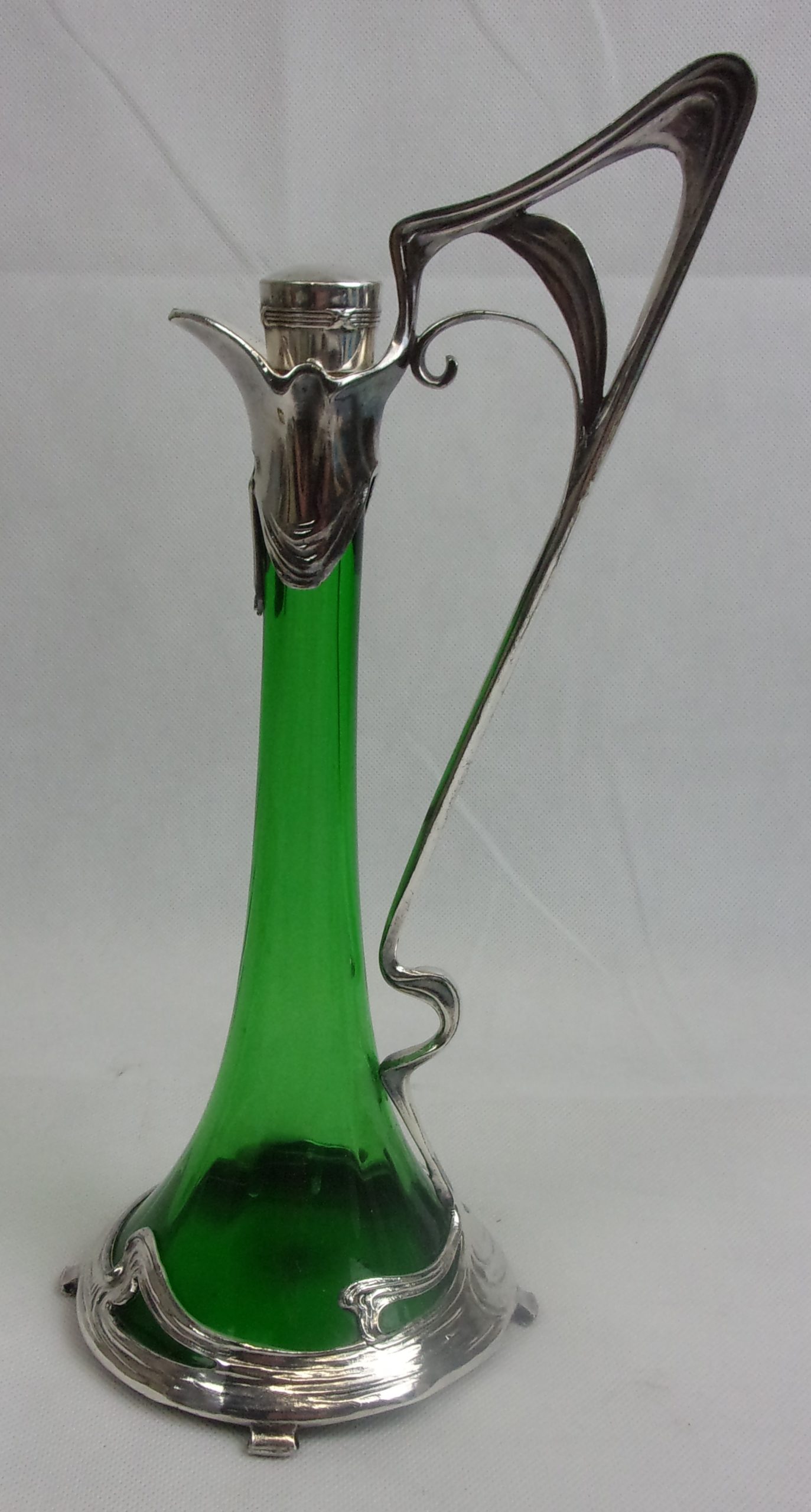 Art Nouveau Silver Plated Green Glass Decanter