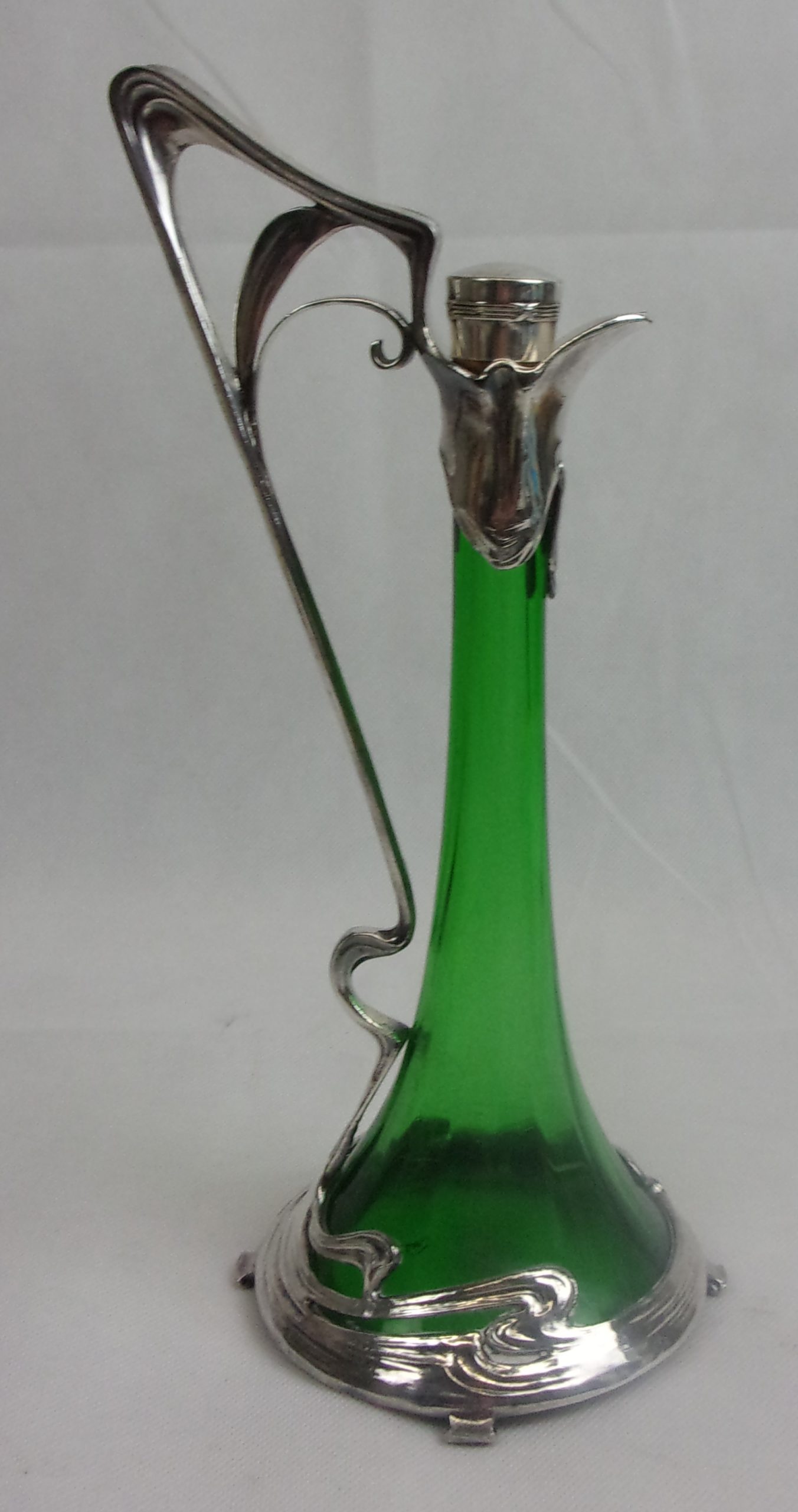 Art Nouveau Silver Plated Green Glass Decanter - Image 3