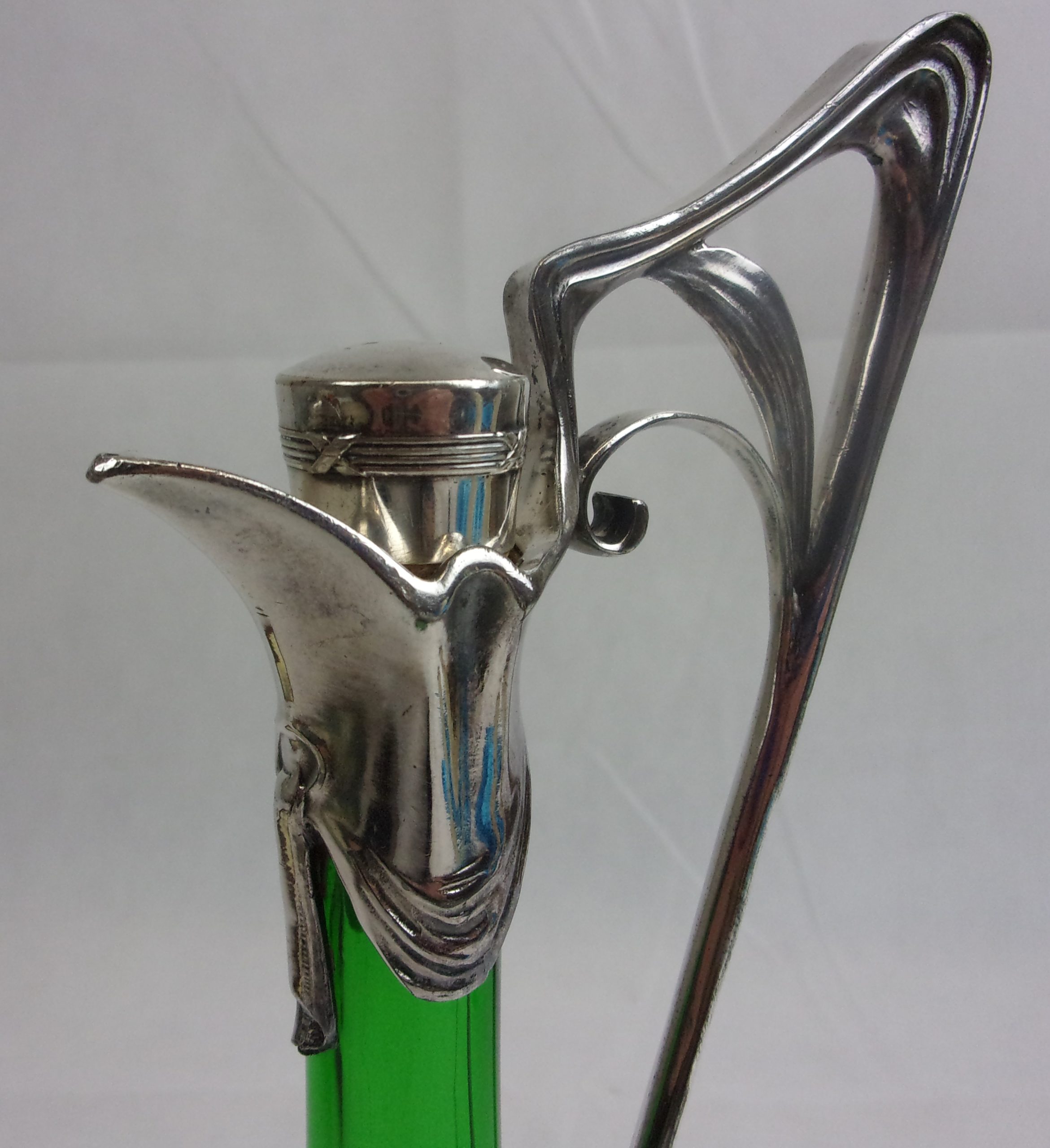 Art Nouveau Silver Plated Green Glass Decanter - Image 5
