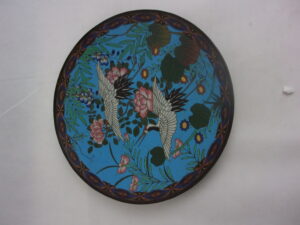 Japanese Meiji Period Cloisonne Enamel Charger Of Imperial White Red Headed Crane Birds