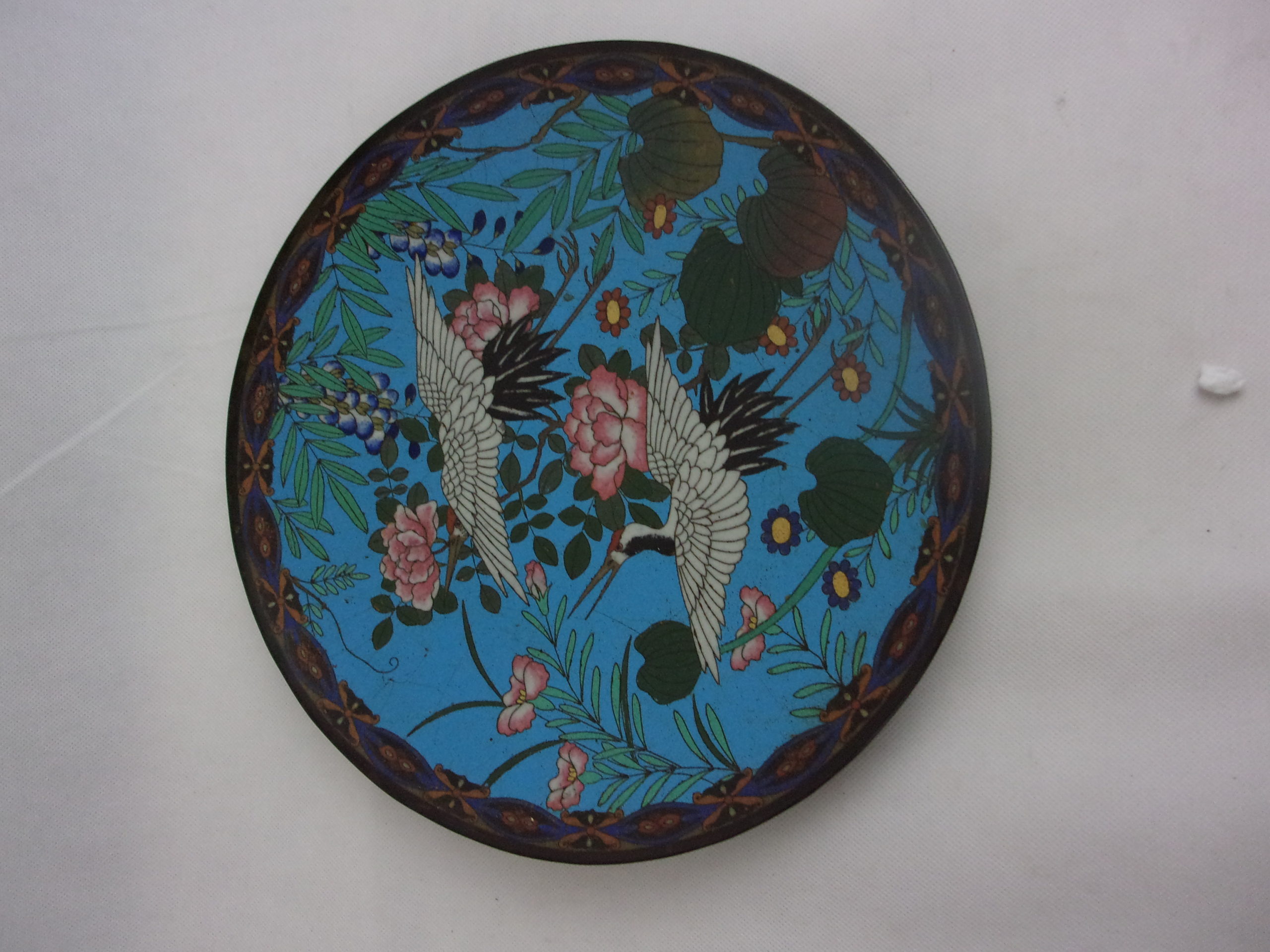 Japanese Meiji Period Cloisonne Enamel Charger Of Imperial White Red Headed Crane Birds