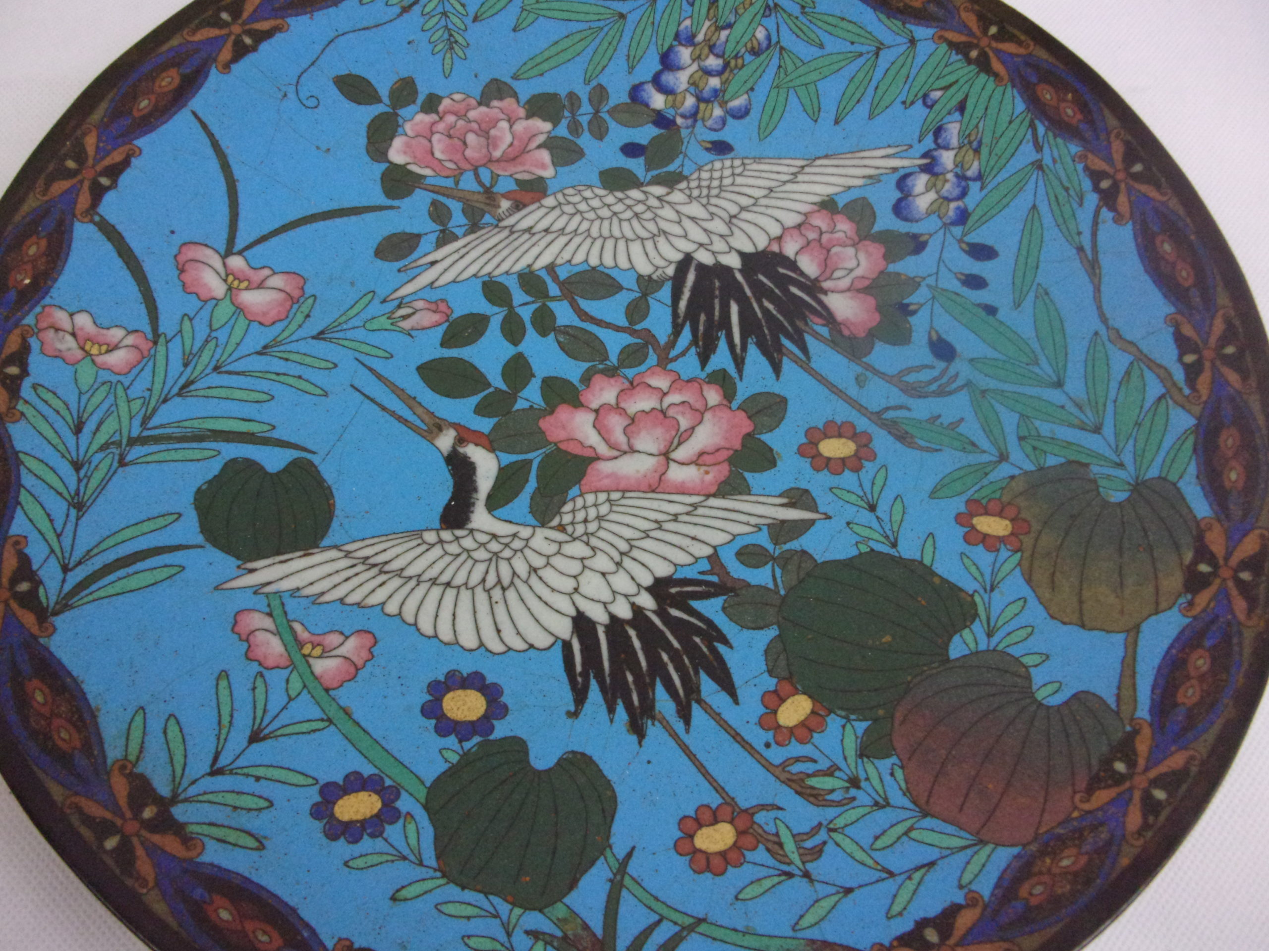 Japanese Meiji Period Cloisonne Enamel Charger Of Imperial White Red Headed Crane Birds - Image 3