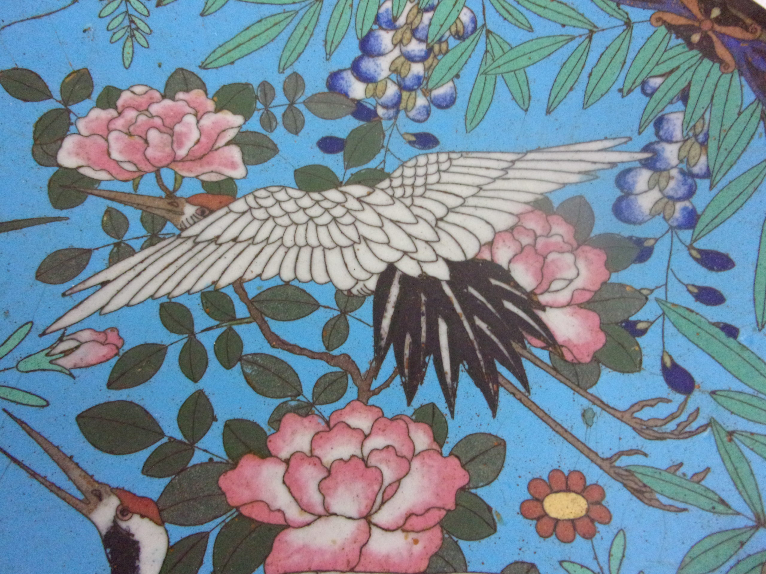 Japanese Meiji Period Cloisonne Enamel Charger Of Imperial White Red Headed Crane Birds - Image 2