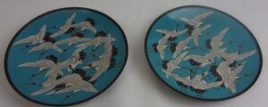 Fine Quality Matched Pair Of Japanese Meiji Period Cloisonne Enamel Chargers Depicting Imperial White Red Headed Crane Birds In Flight
