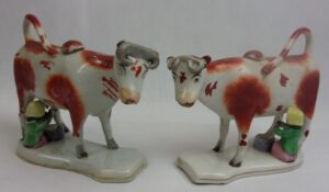 Circa 1790 Matched Pair Of Antique Staffordshire Cow Creamer Jugs With Milkmaids