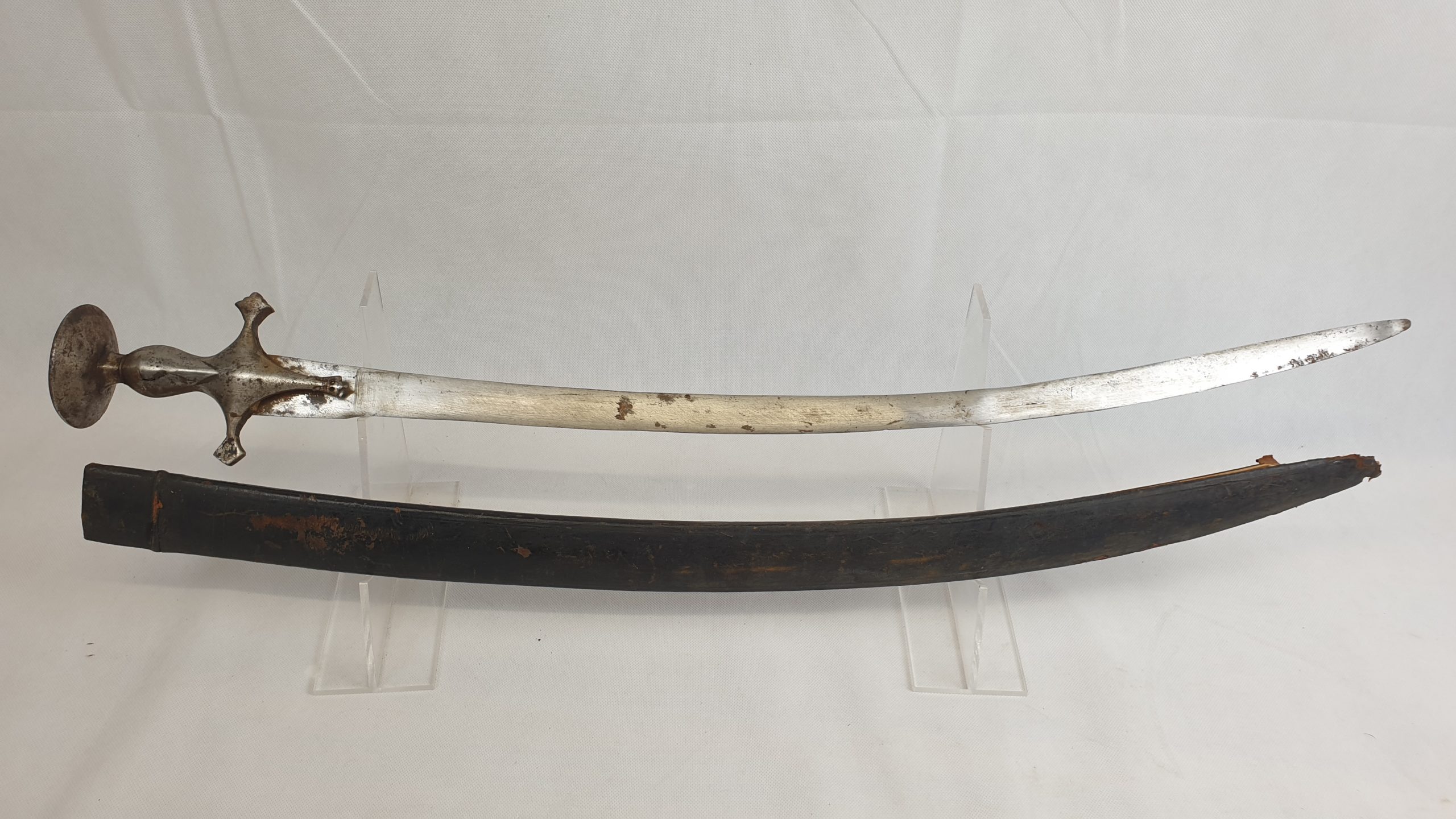 Indian 19th Century Tulwar Sword And Leather Scabbard