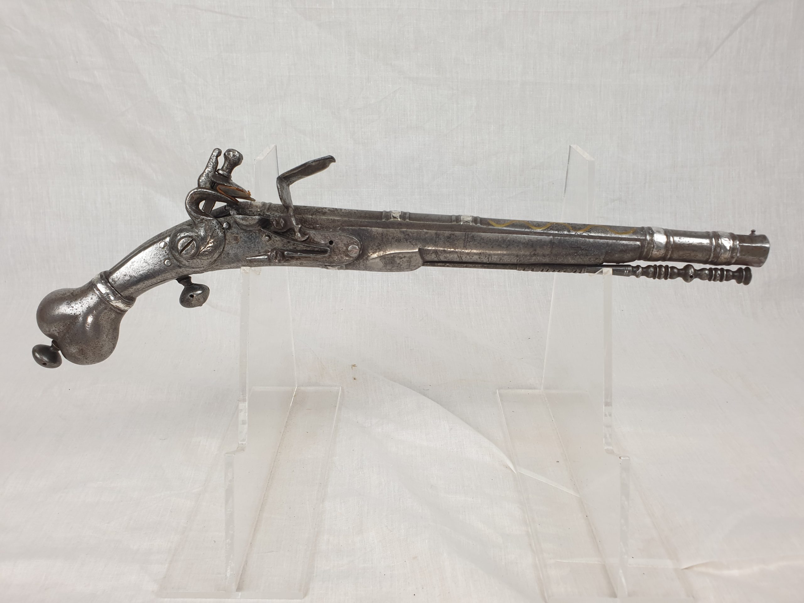 17th Century A Rare Scottish 22 Bore All Metal Heart-Butt Flintlock Belt Pistol