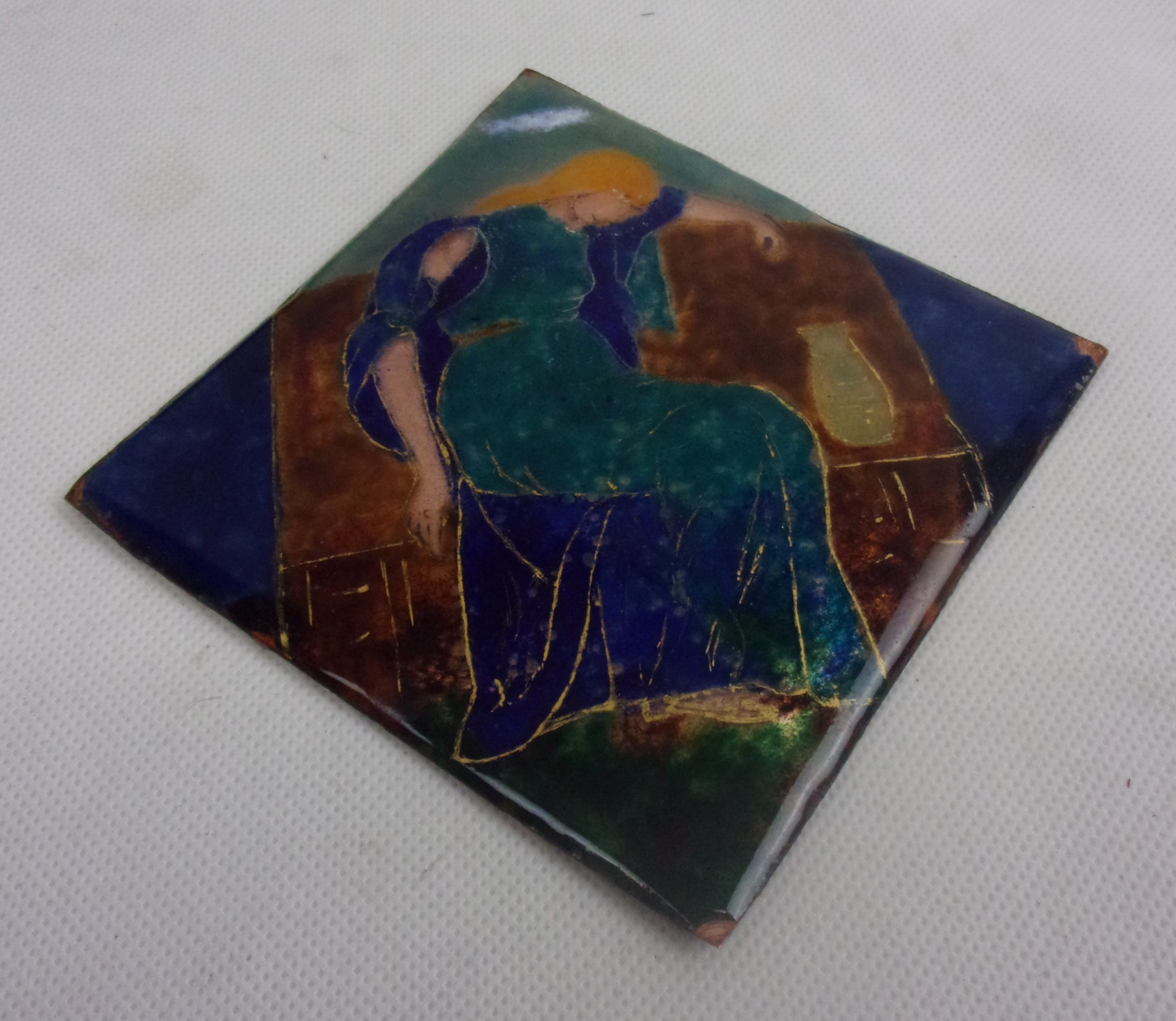 Arts And Crafts Enameled Copper Plaque In The Pre-Raphaelite Style Of A Seated Woman With An Urn