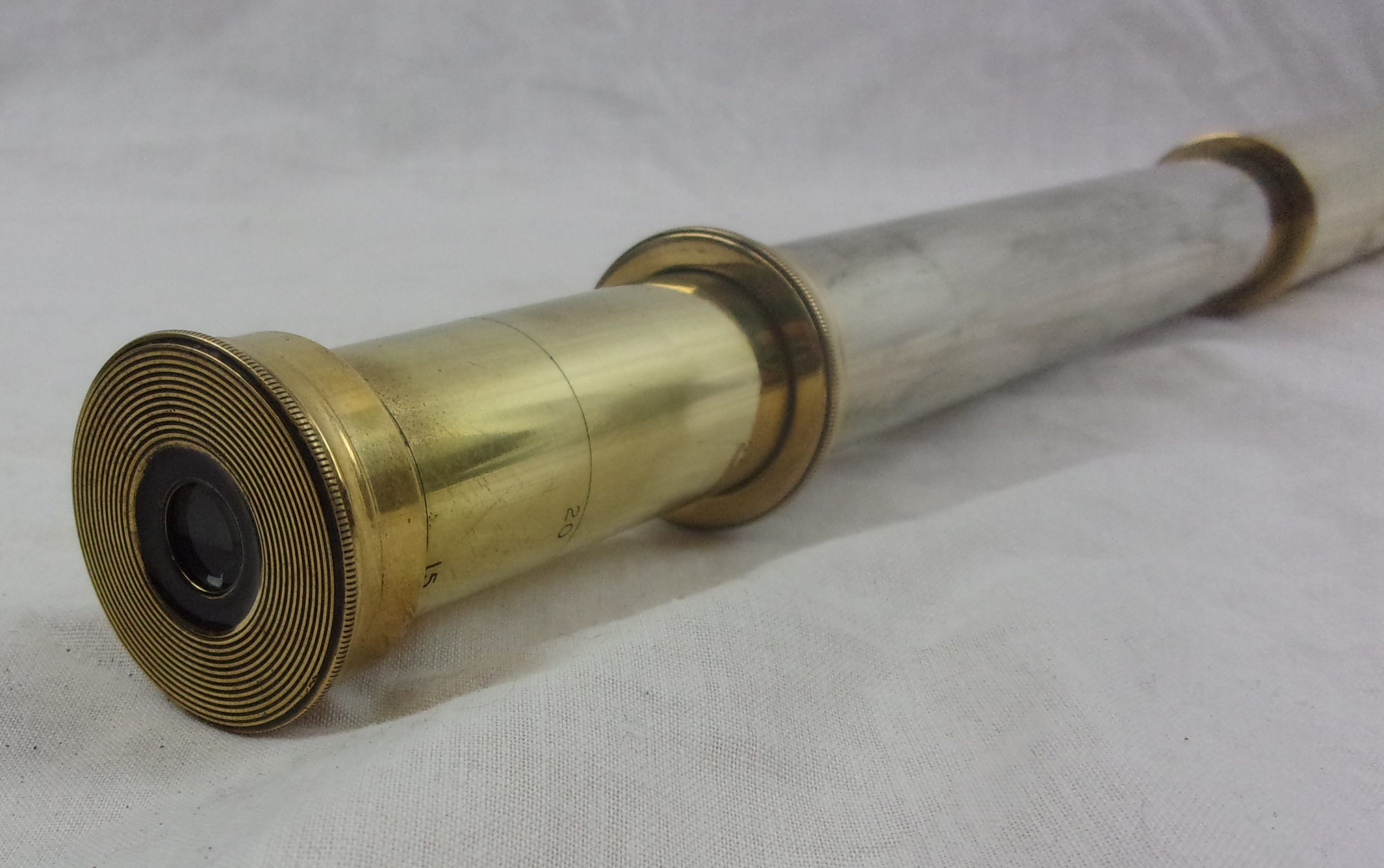 Mid 20th Century British Two Draw Brass And Steel Handheld Telescope With Sunshade - Image 3
