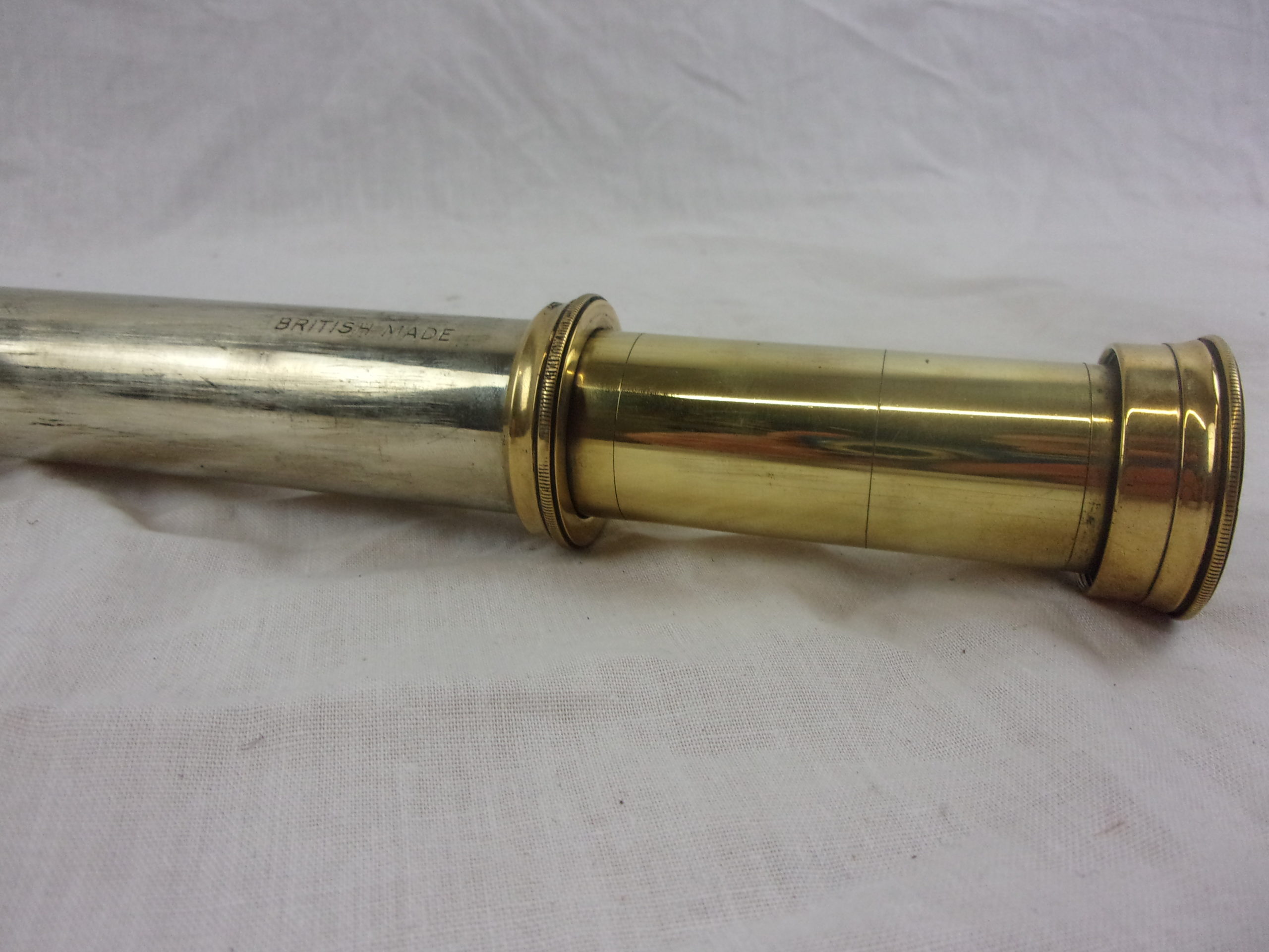 Mid 20th Century British Two Draw Brass And Steel Handheld Telescope With Sunshade - Image 2