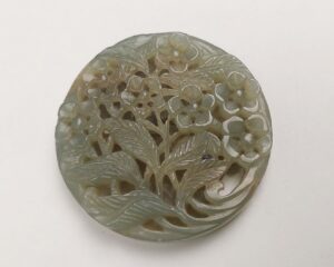 Finely Carved Chinese Reticulated Deep Celadon Jade Pendant Of Flowers