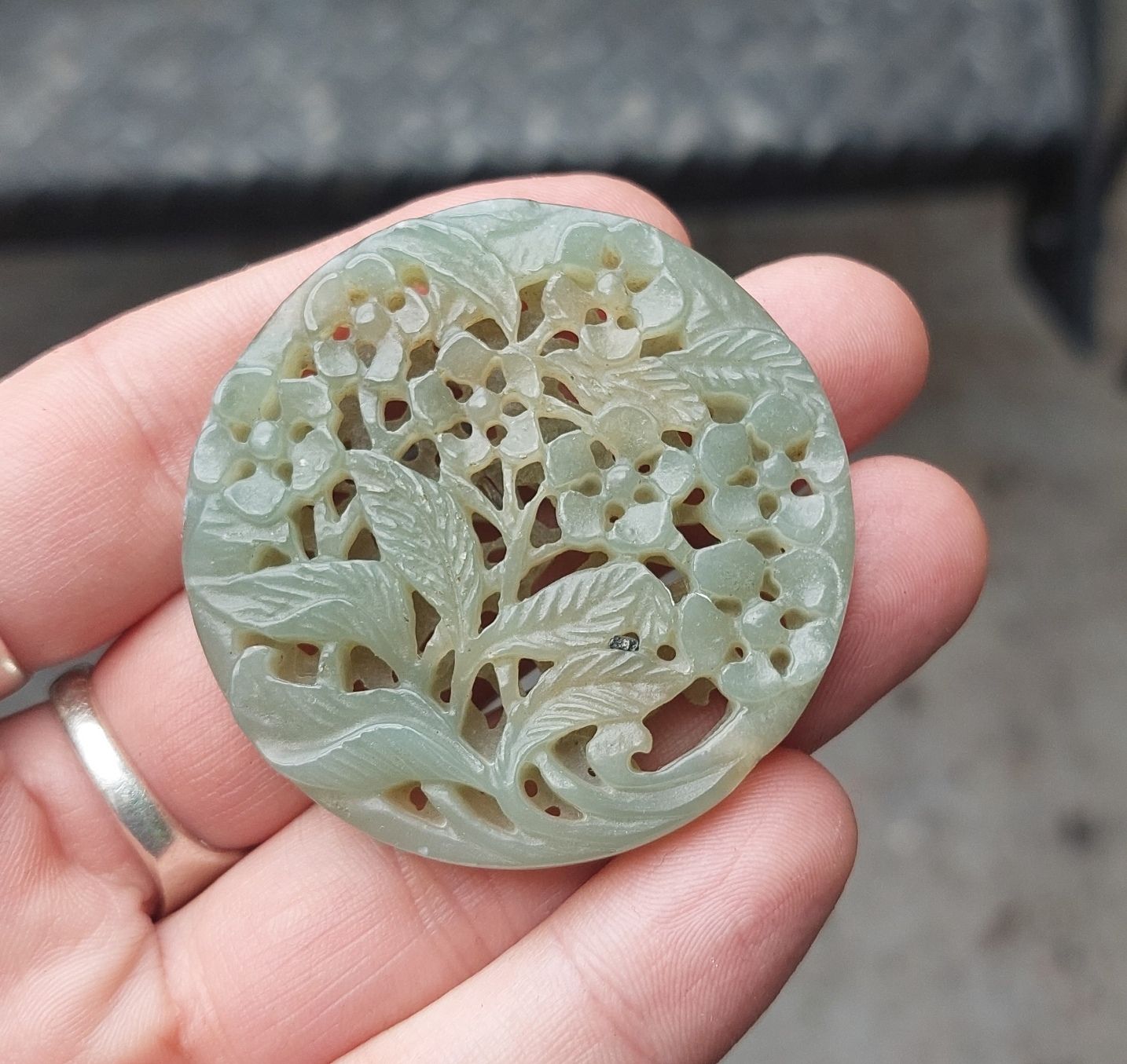 Finely Carved Chinese Reticulated Deep Celadon Jade Pendant Of Flowers - Image 5