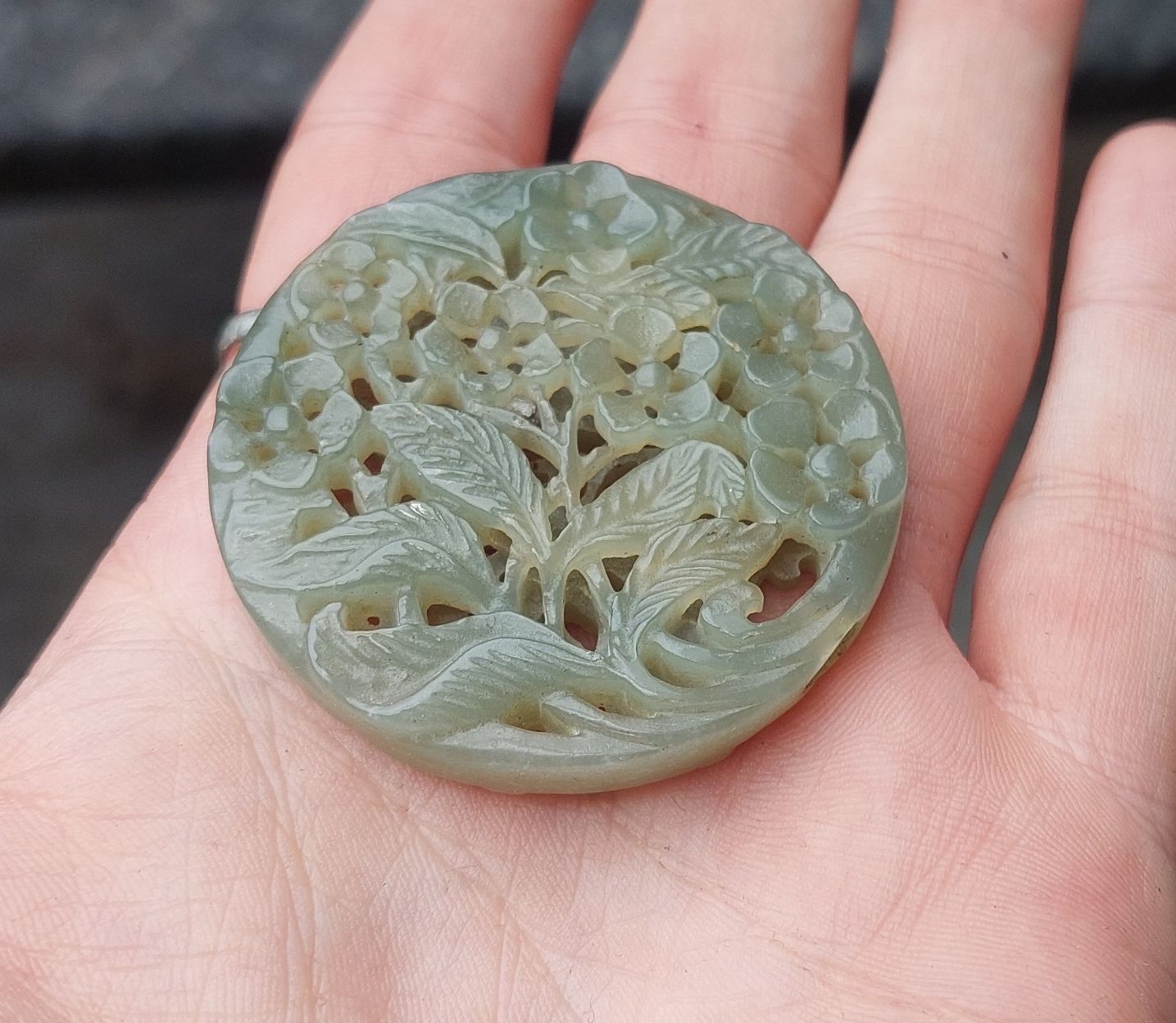 Finely Carved Chinese Reticulated Deep Celadon Jade Pendant Of Flowers - Image 6