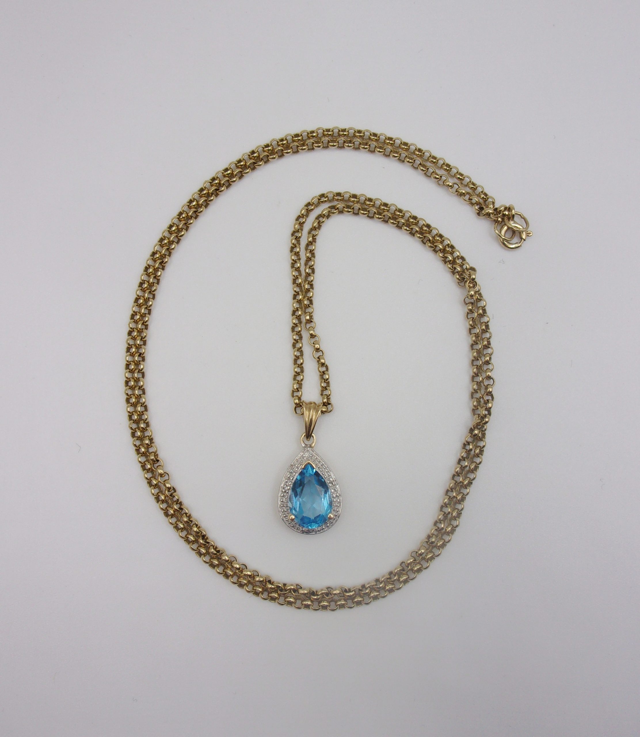 9ct Yellow Gold Blue Topaz & Diamond Pendant Necklace - 24 Inches