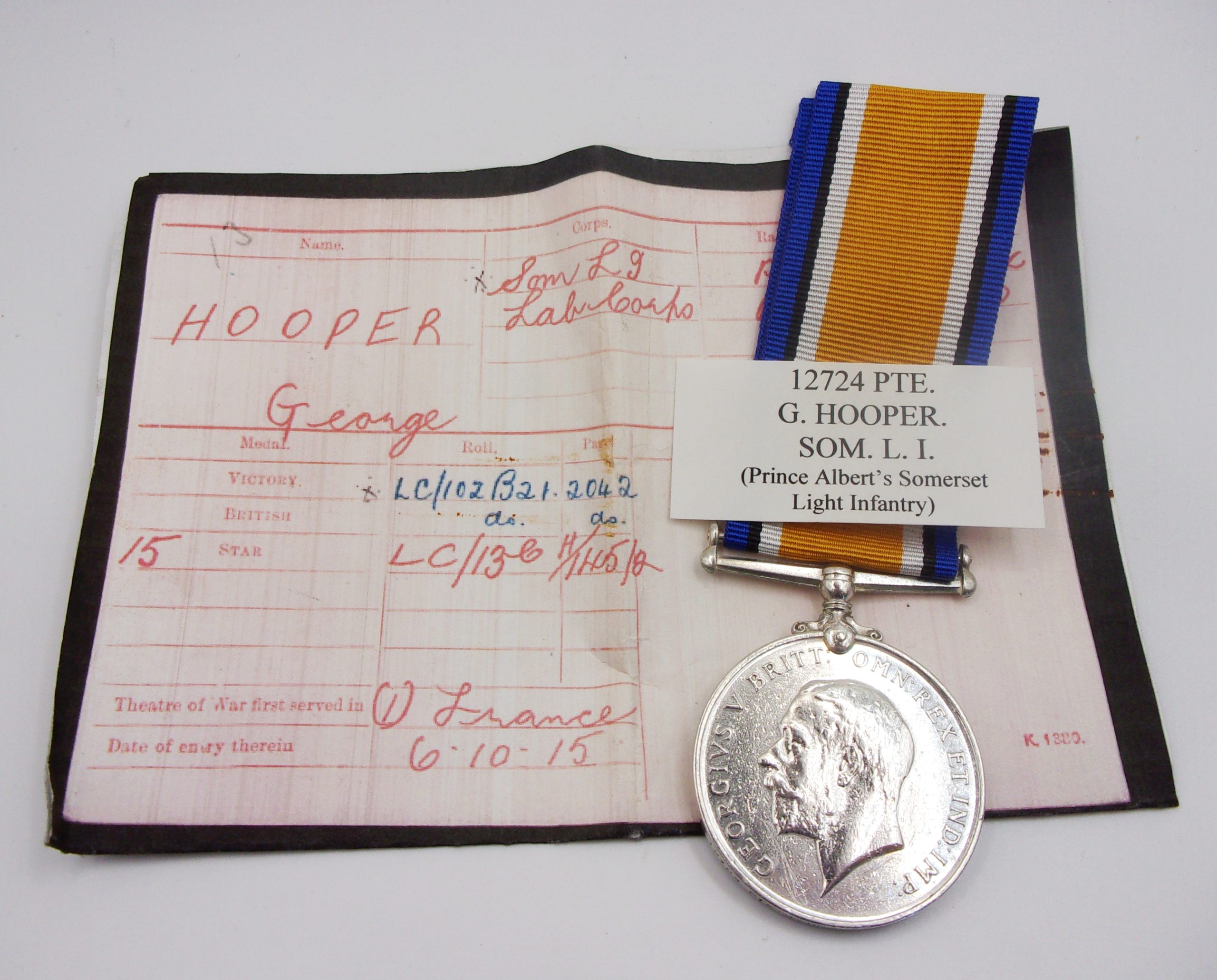 WW1 War Medal Pte G. Hooper Somerset Light Infantry