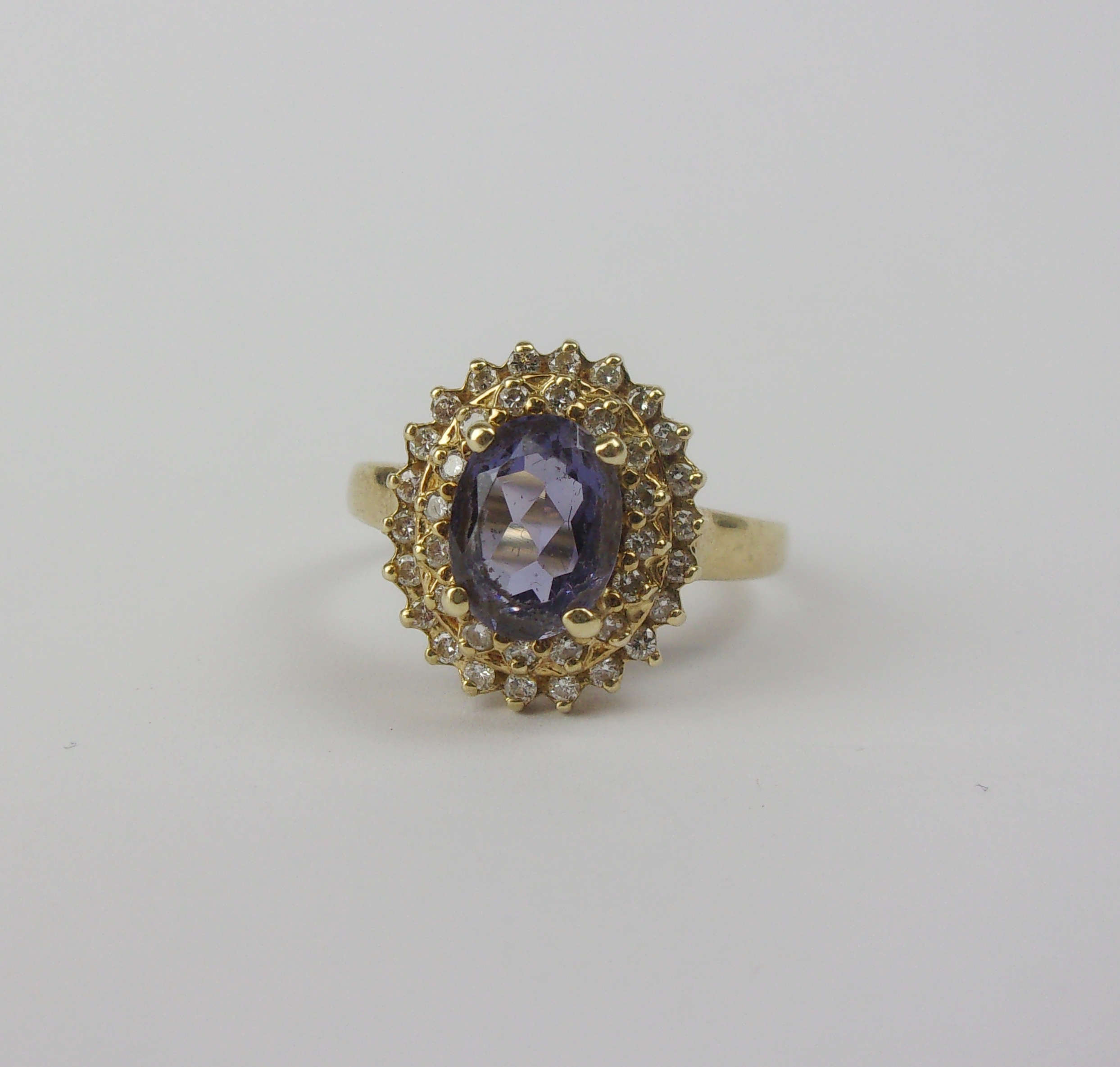 9ct Yellow Gold Iolite & Diamond Flower Head Ring UK Size M+ US 6 ¼
