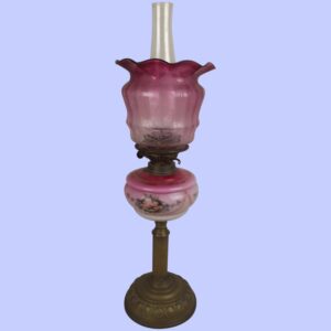 Victorian Oil Lamp With Cranberry Glass Shade And Reservoir