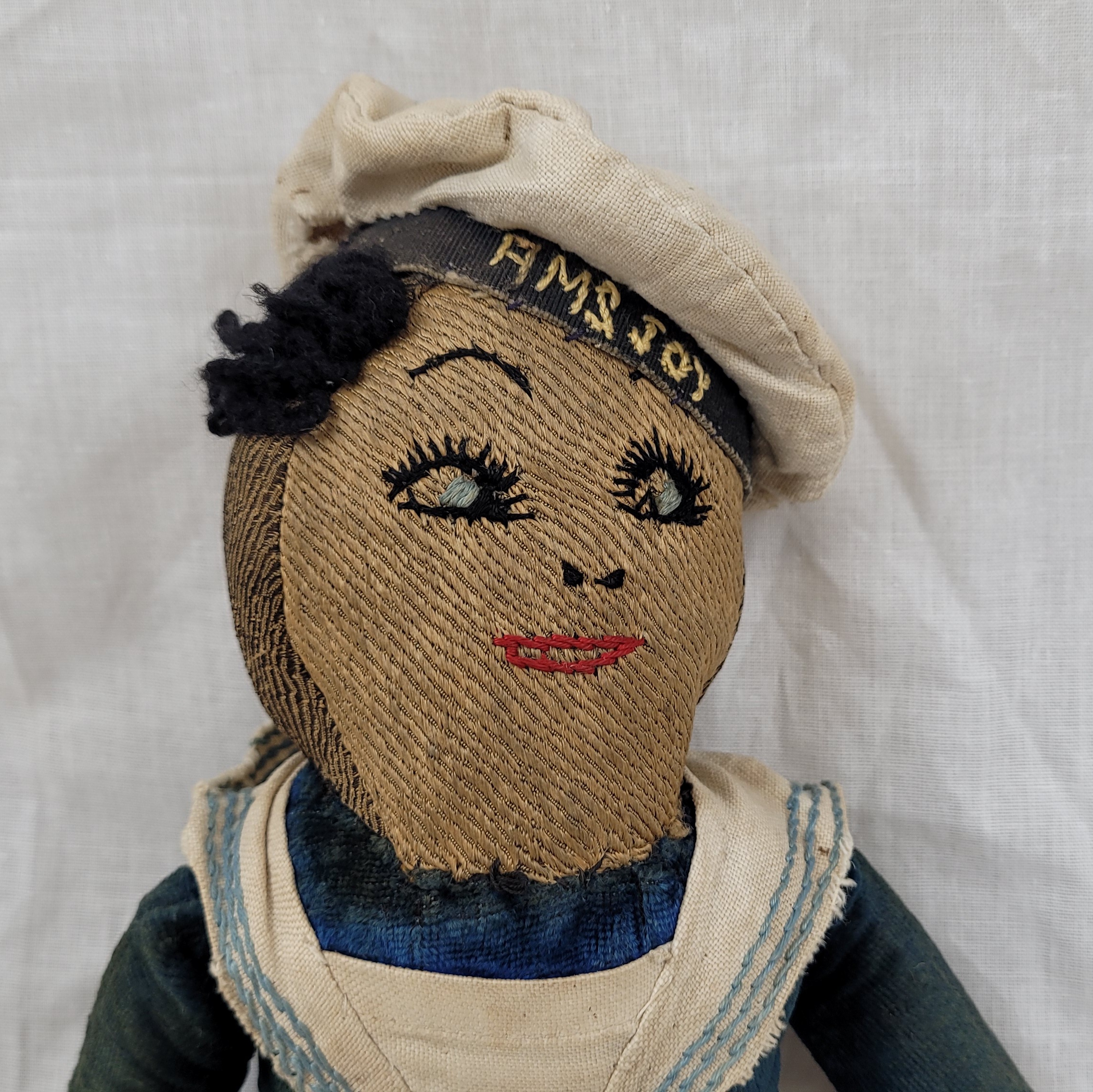 1930s Cloth Sailor Homemade Doll With HMS Joy Cap Tally - Image 5