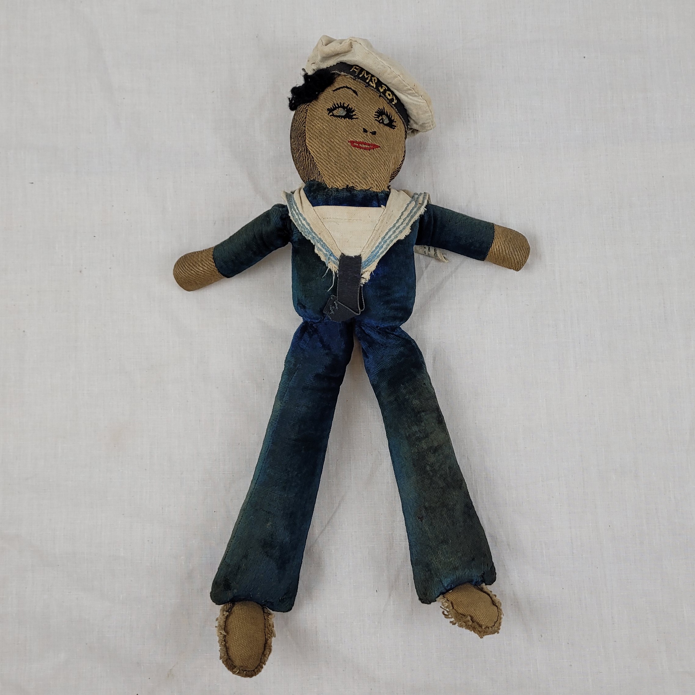1930s Cloth Sailor Homemade Doll With HMS Joy Cap Tally