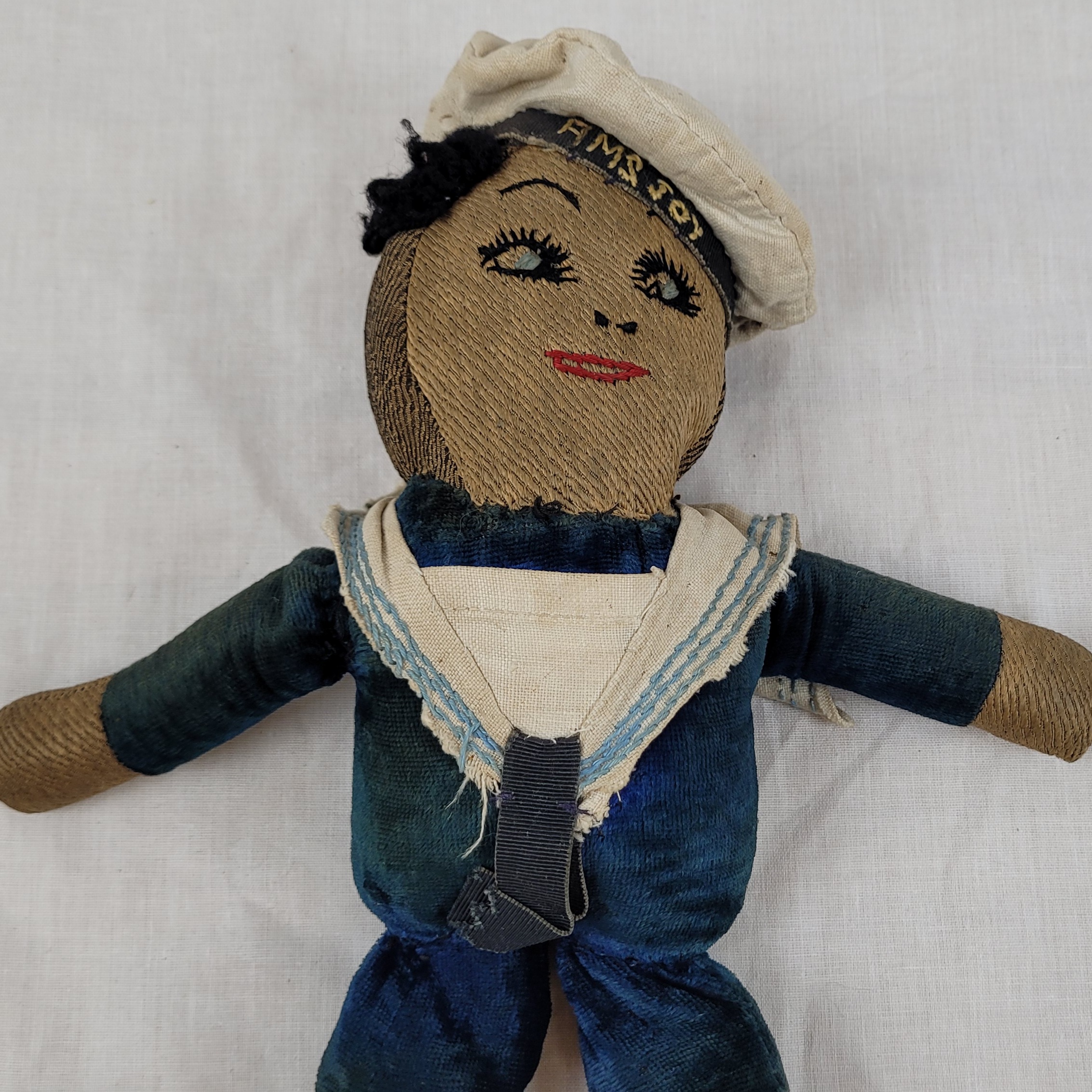 1930s Cloth Sailor Homemade Doll With HMS Joy Cap Tally - Image 3