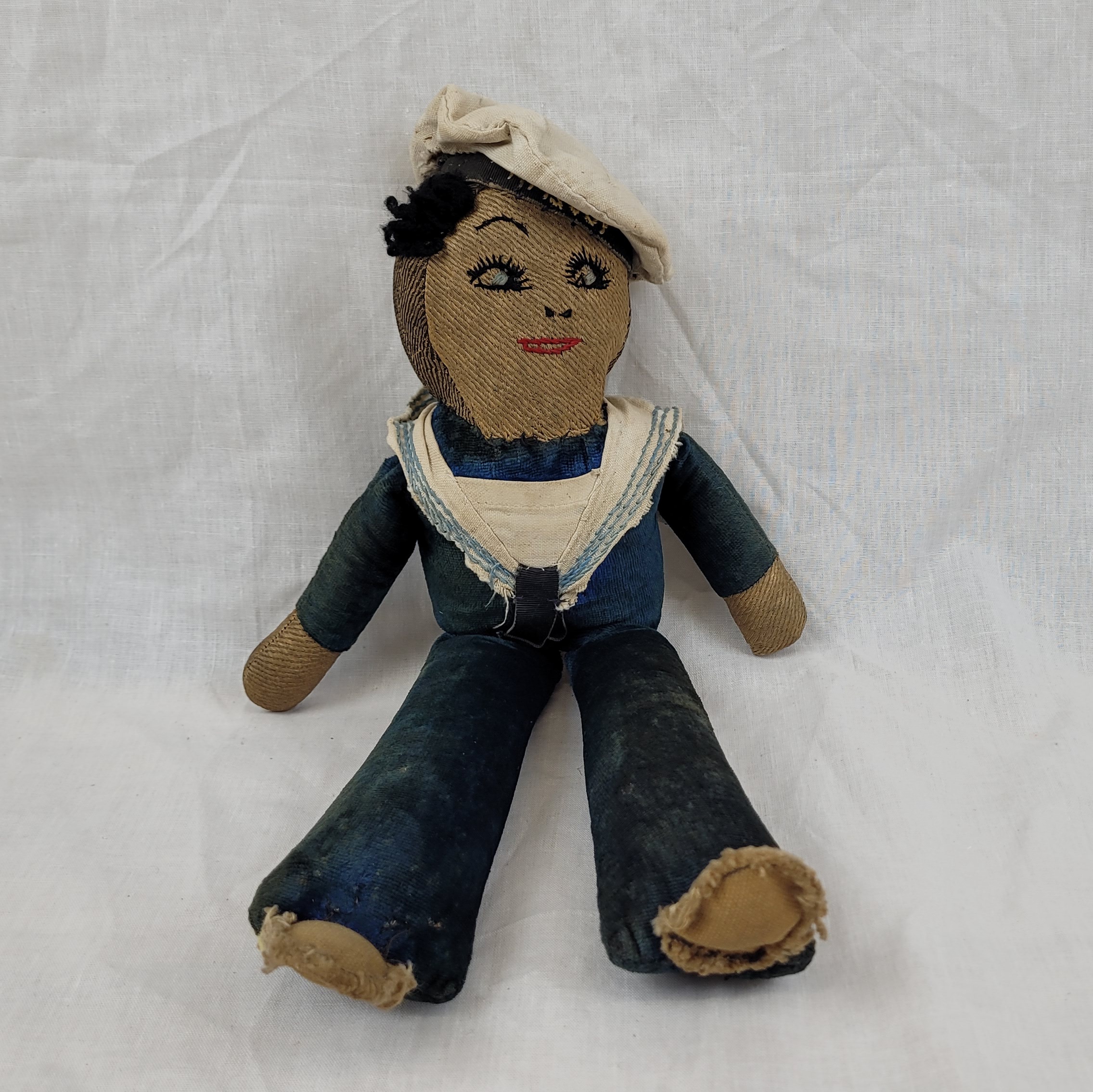1930s Cloth Sailor Homemade Doll With HMS Joy Cap Tally - Image 2