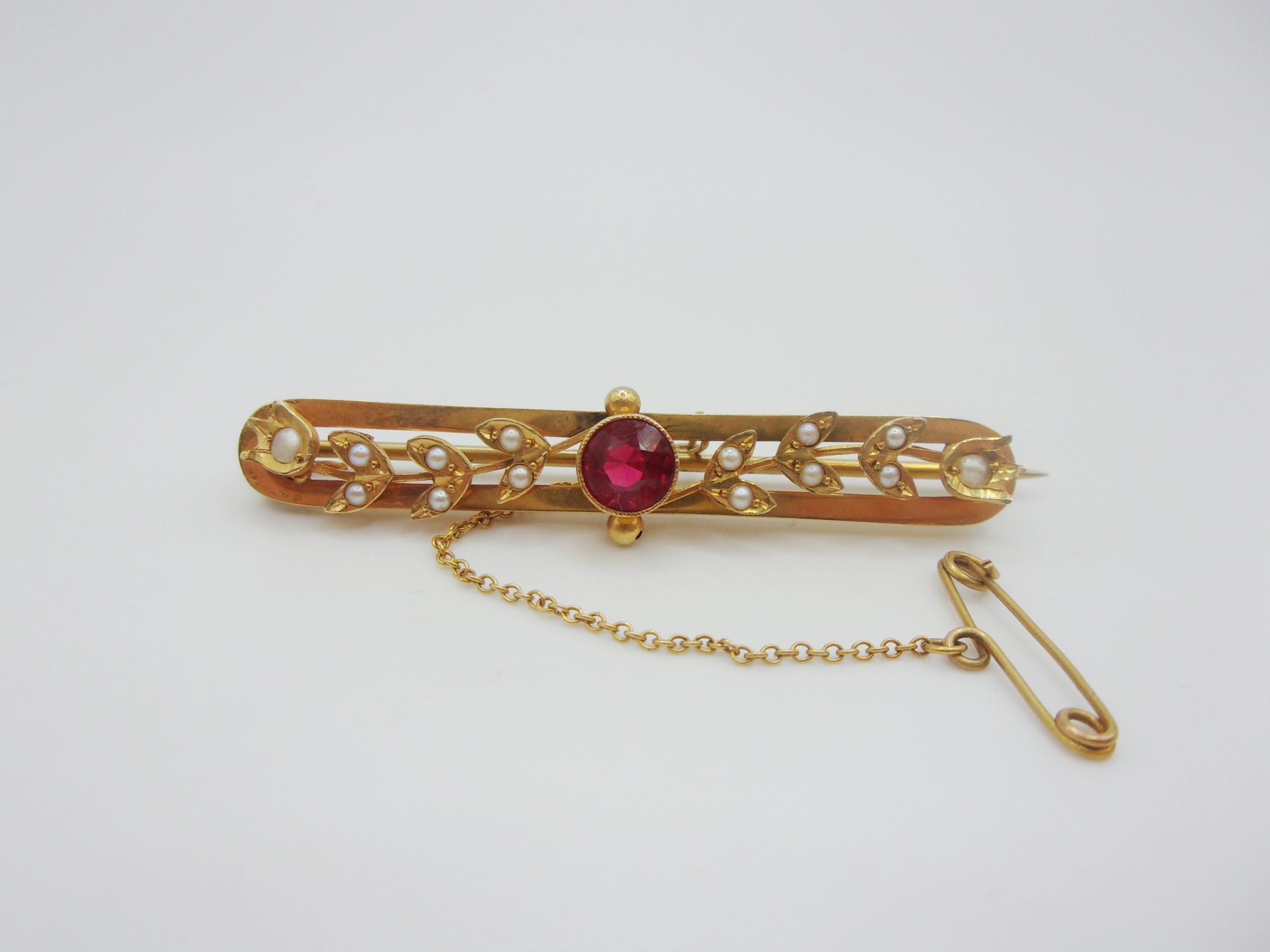 9ct Yellow Gold Pearl & Glass Bar Brooch - Image 2