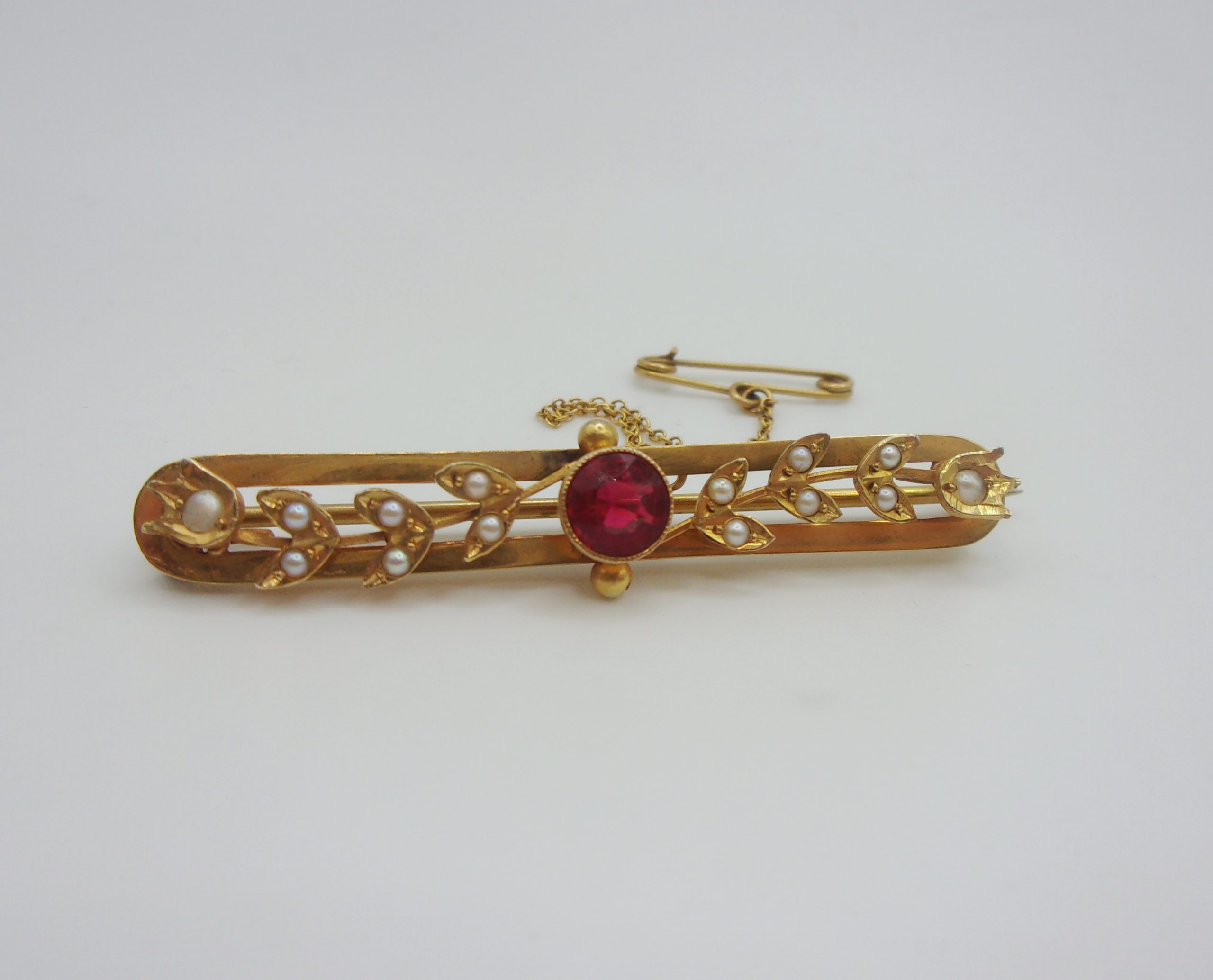 9ct Yellow Gold Pearl & Glass Bar Brooch - Image 7