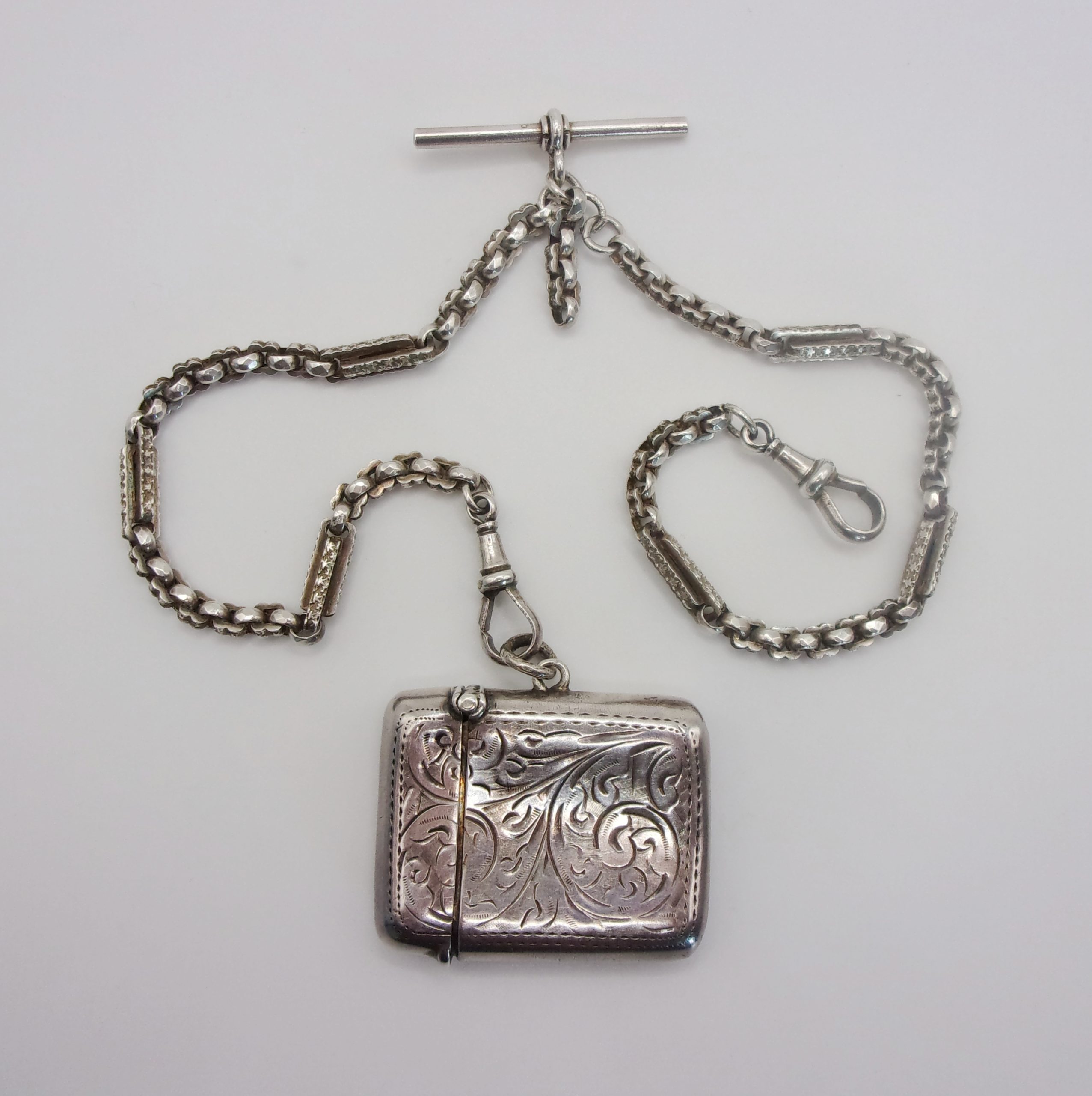 Sterling Silver Double Albert Watch Chain With 1902 Birmingham Vesta Case
