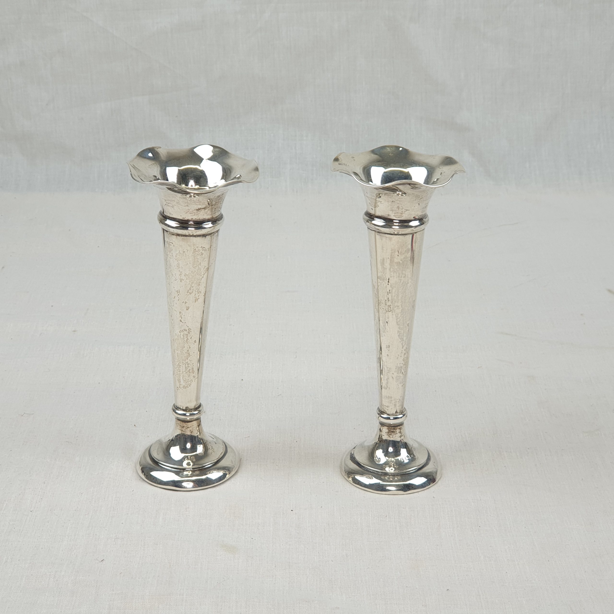 Pair Of Birmingham 1915 Silver Trumpet Vases