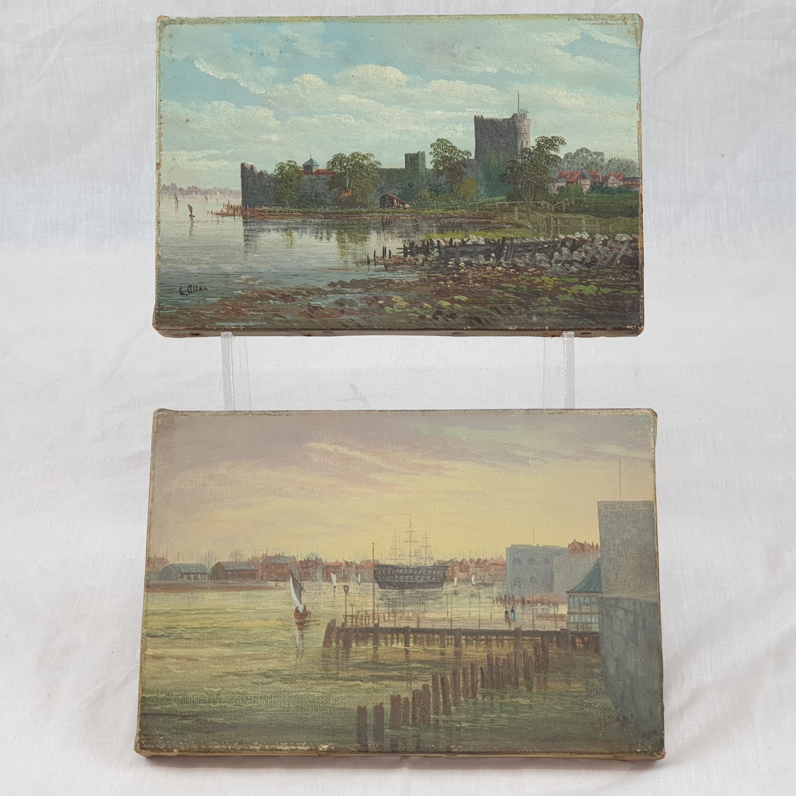 Pair Of Circa 1880 Oil Paintings By C Allan Of Porchester Castle And Portsmouth Harbour