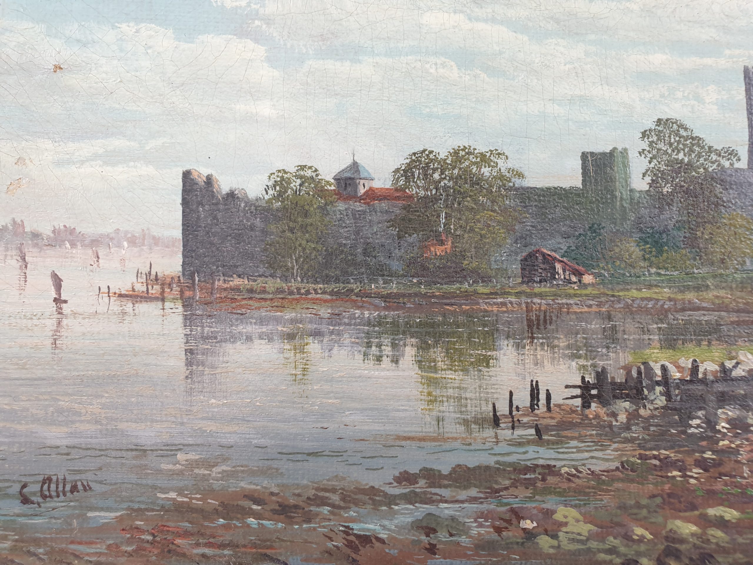 Pair Of Circa 1880 Oil Paintings By C Allan Of Porchester Castle And Portsmouth Harbour - Image 9