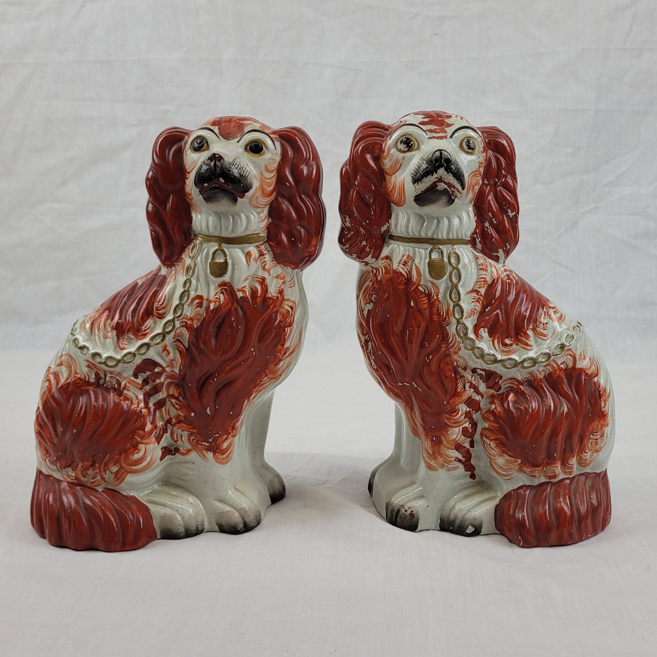 Pair Of Victorian Staffordshire Cream And Tan Fireside Dogs